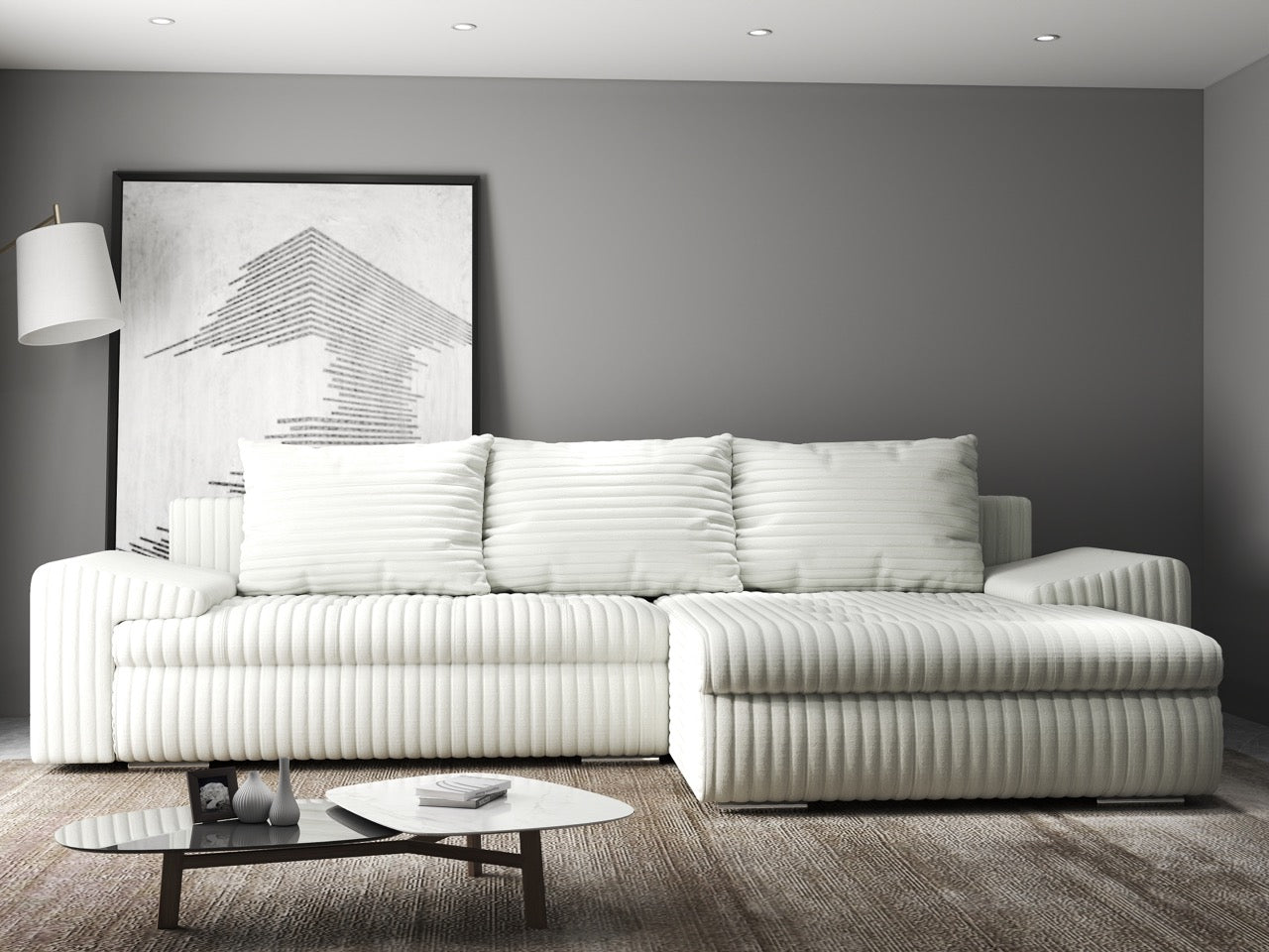 Colțar extensibil dumonde cu ladă de depozitare si sezut confortabil din spuma high-density, Leonardo Ambience Ivory 260x185 cm II