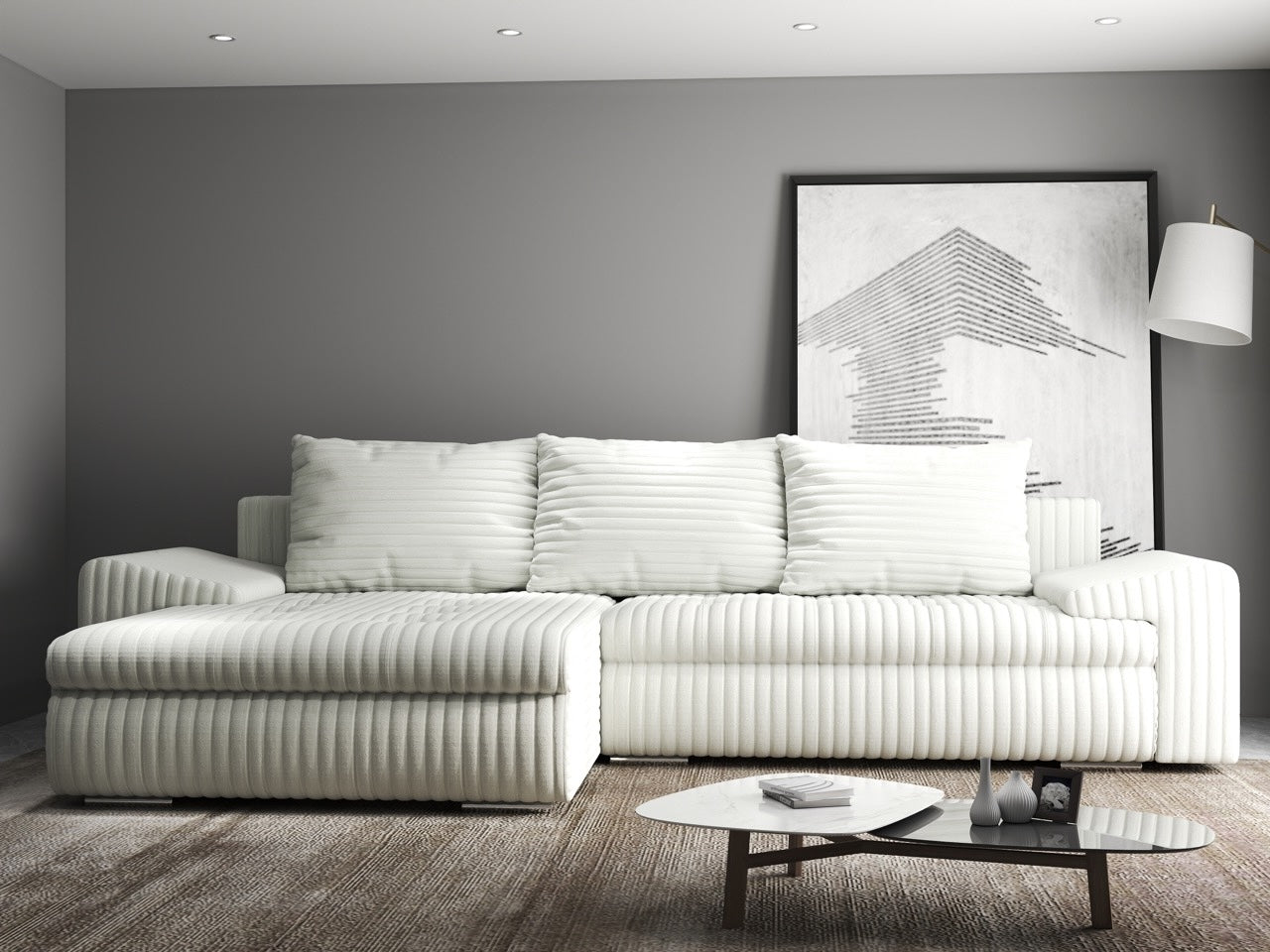Colțar extensibil dumonde cu ladă de depozitare si sezut confortabil din spuma high-density, Leonardo Ambience Ivory 260x185 cm