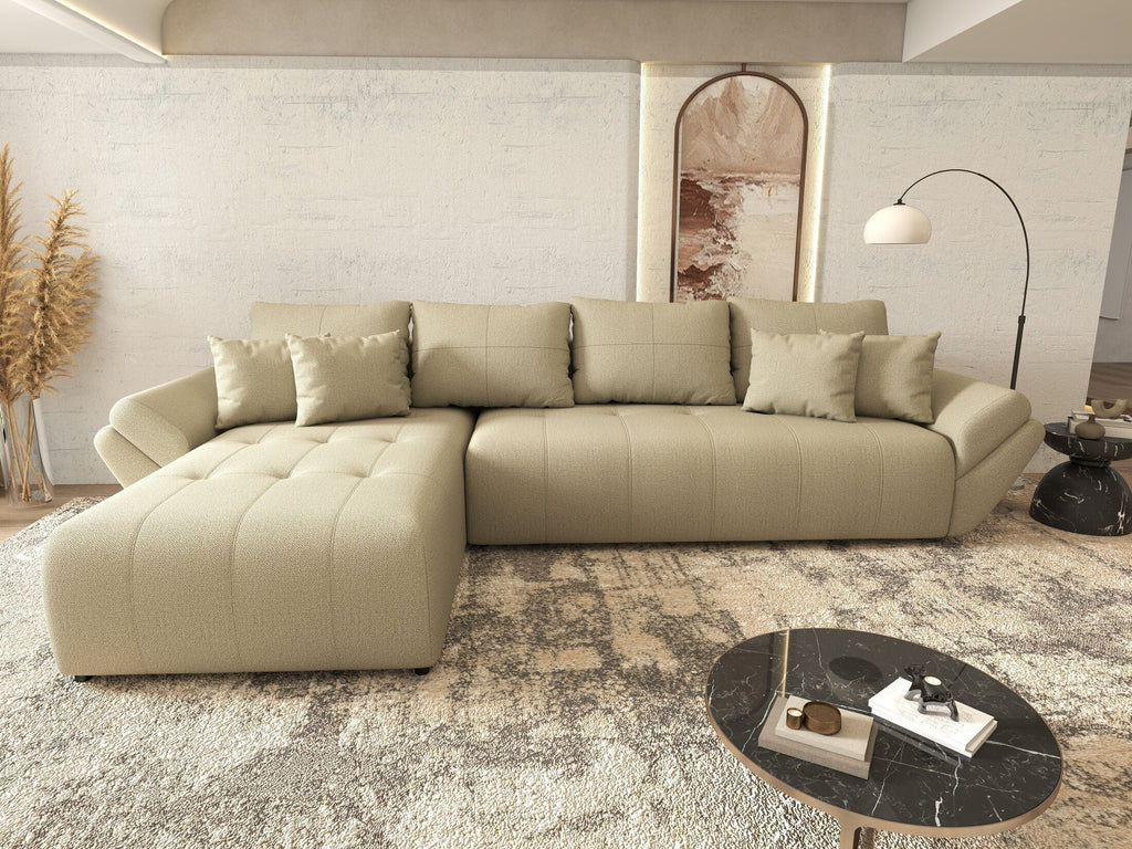 Colțar extensibil dumonde cu ladă de depozitare si sezut confortabil din spuma high-density, Berlin XL Enjoy Camel 350x185 cm