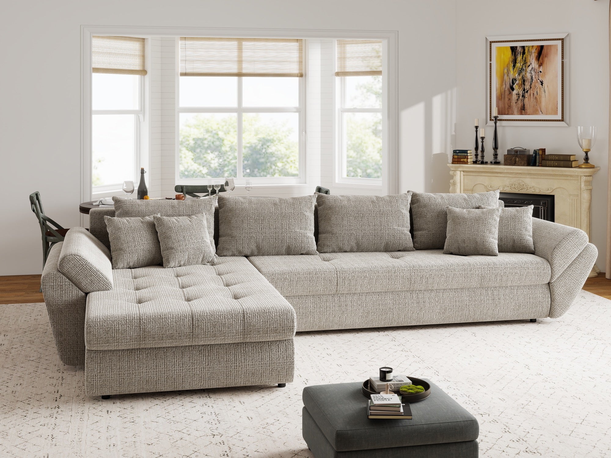 Colțar extensibil dumonde cu ladă de depozitare si sezut confortabil din spuma high-density, Loana XL Cremona Bej 14 335x185 cm