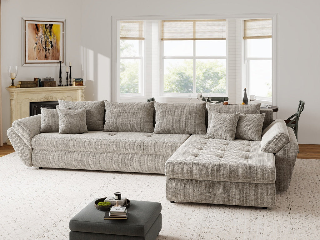 Colțar extensibil dumonde cu ladă de depozitare si sezut confortabil din spuma high-density, Loana XL Cremona Bej 14 II 335x185 cm