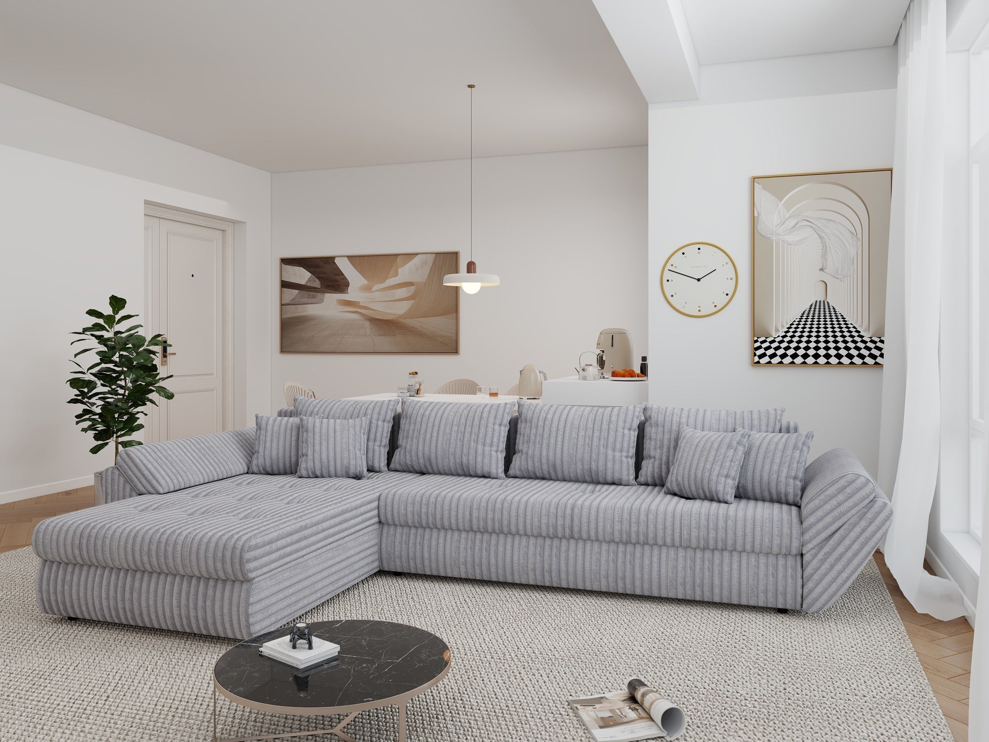 Colțar extensibil dumonde cu ladă de depozitare si sezut confortabil din spuma high-density, Loana XL Tilia Gri 86 335x185 cm