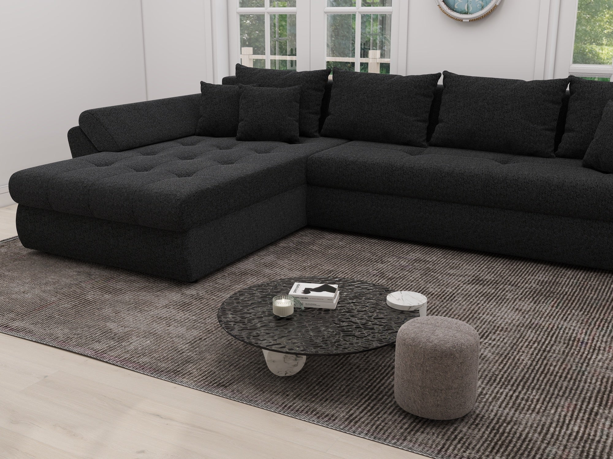 Colțar extensibil dumonde cu ladă de depozitare si sezut confortabil din spuma high-density, Loana XL Quelle Negru 335x185 cm