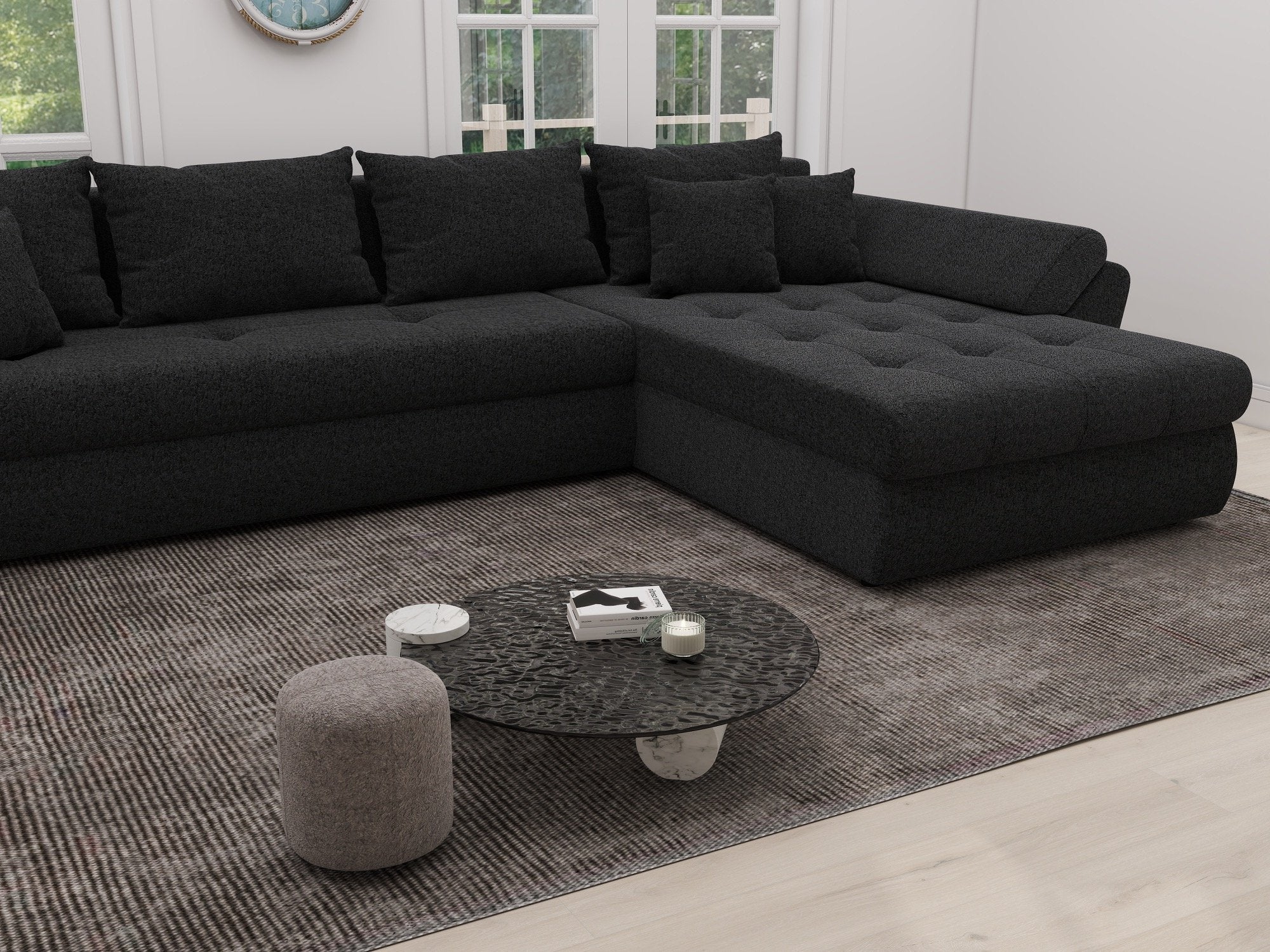 Colțar extensibil dumonde cu ladă de depozitare si sezut confortabil din spuma high-density, Loana XL Quelle Negru II 335x185 cm