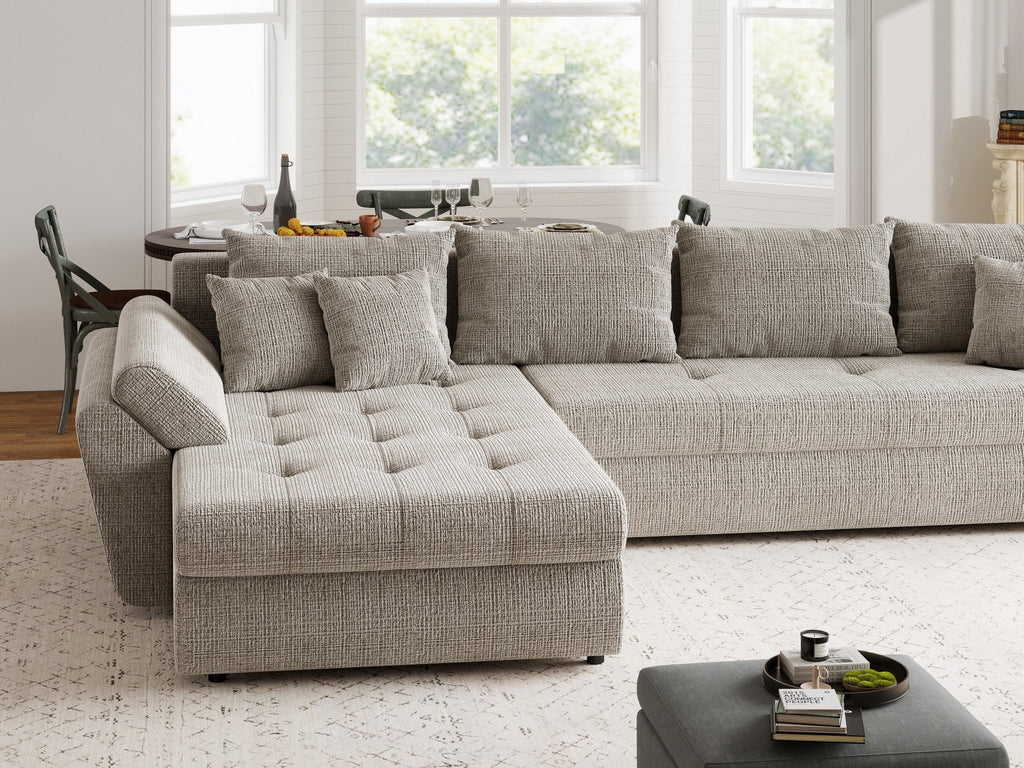 Colțar extensibil dumonde cu ladă de depozitare si sezut confortabil din spuma high-density, Loana XL Cremona Bej 14 335x185 cm