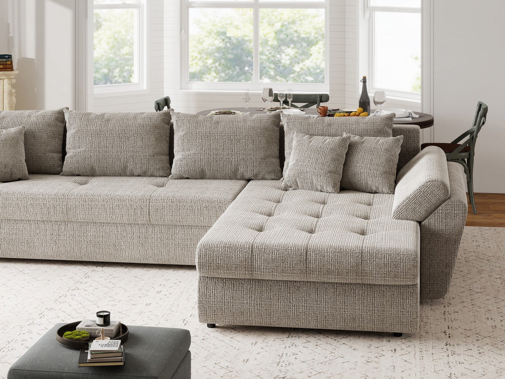 Colțar extensibil dumonde cu ladă de depozitare si sezut confortabil din spuma high-density, Loana XL Cremona Bej 14 II 335x185 cm