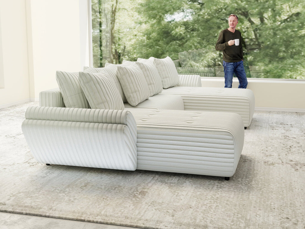 Colțar extensibil dumonde cu ladă de depozitare si sezut confortabil din spuma high-density, Berlin U Ambience Ivory 380x180 cm