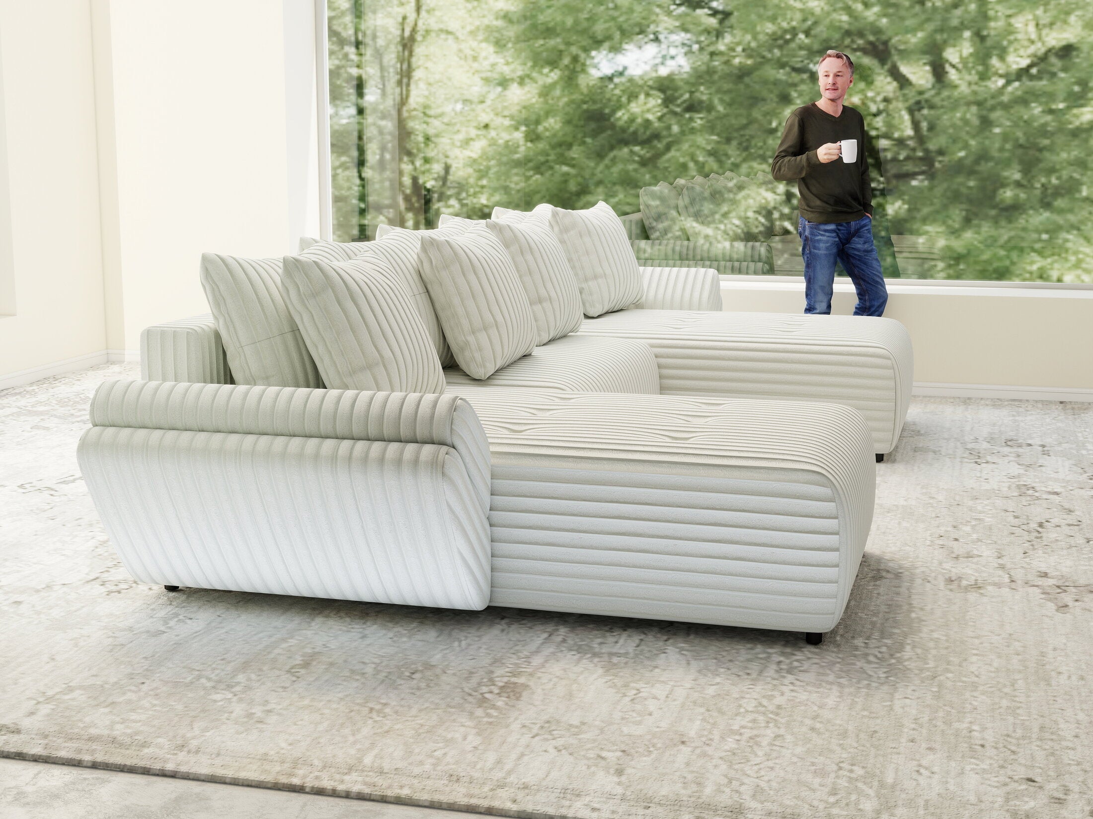 Colțar extensibil dumonde cu ladă de depozitare si sezut confortabil din spuma high-density, Berlin U Ambience Ivory 380x180 cm