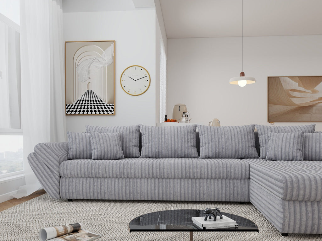 Colțar extensibil dumonde cu ladă de depozitare si sezut confortabil din spuma high-density, Loana XL Tilia Gri 86 II 335x185 cm