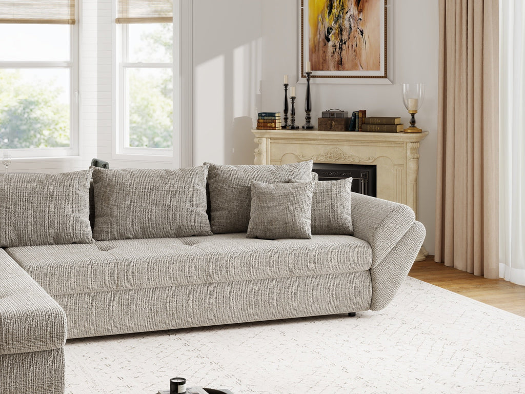 Colțar extensibil dumonde cu ladă de depozitare si sezut confortabil din spuma high-density, Loana XL Cremona Bej 14 335x185 cm