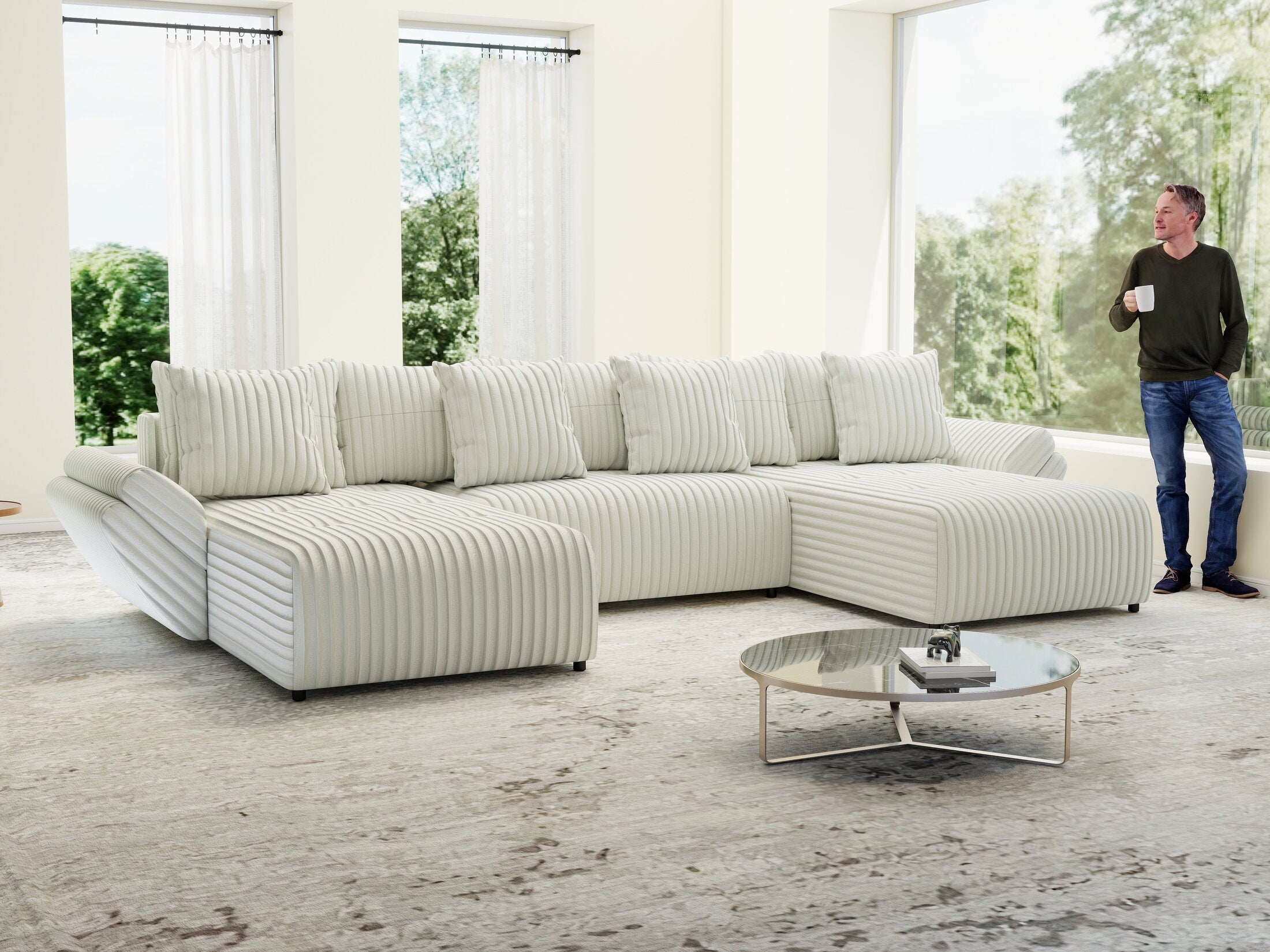 Colțar extensibil dumonde cu ladă de depozitare si sezut confortabil din spuma high-density, Berlin U Ambience Ivory 380x180 cm