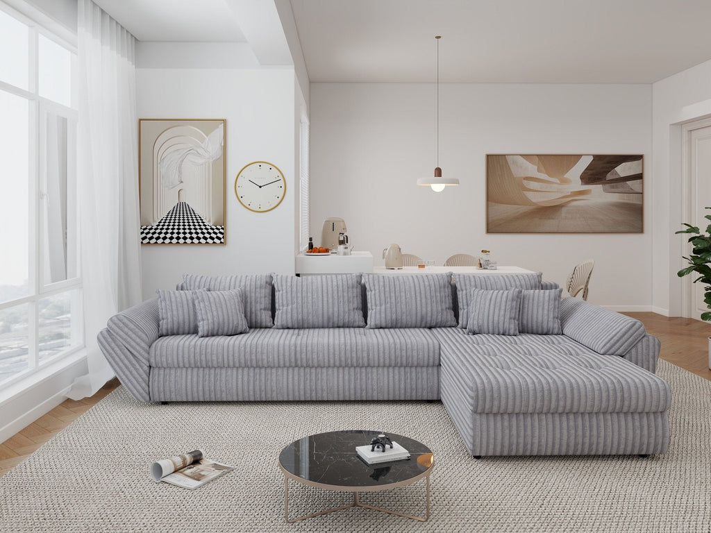 Colțar extensibil dumonde cu ladă de depozitare si sezut confortabil din spuma high-density, Loana XL Tilia Gri 86 II 335x185 cm