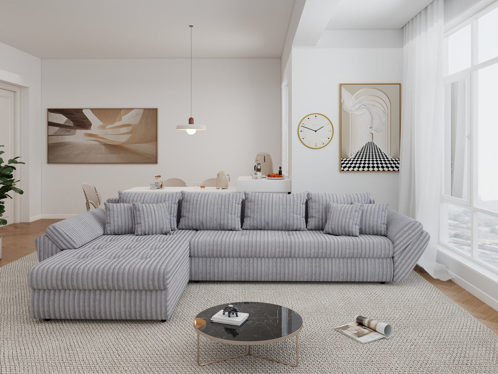 Colțar extensibil dumonde cu ladă de depozitare si sezut confortabil din spuma high-density, Loana XL Tilia Gri 86 335x185 cm