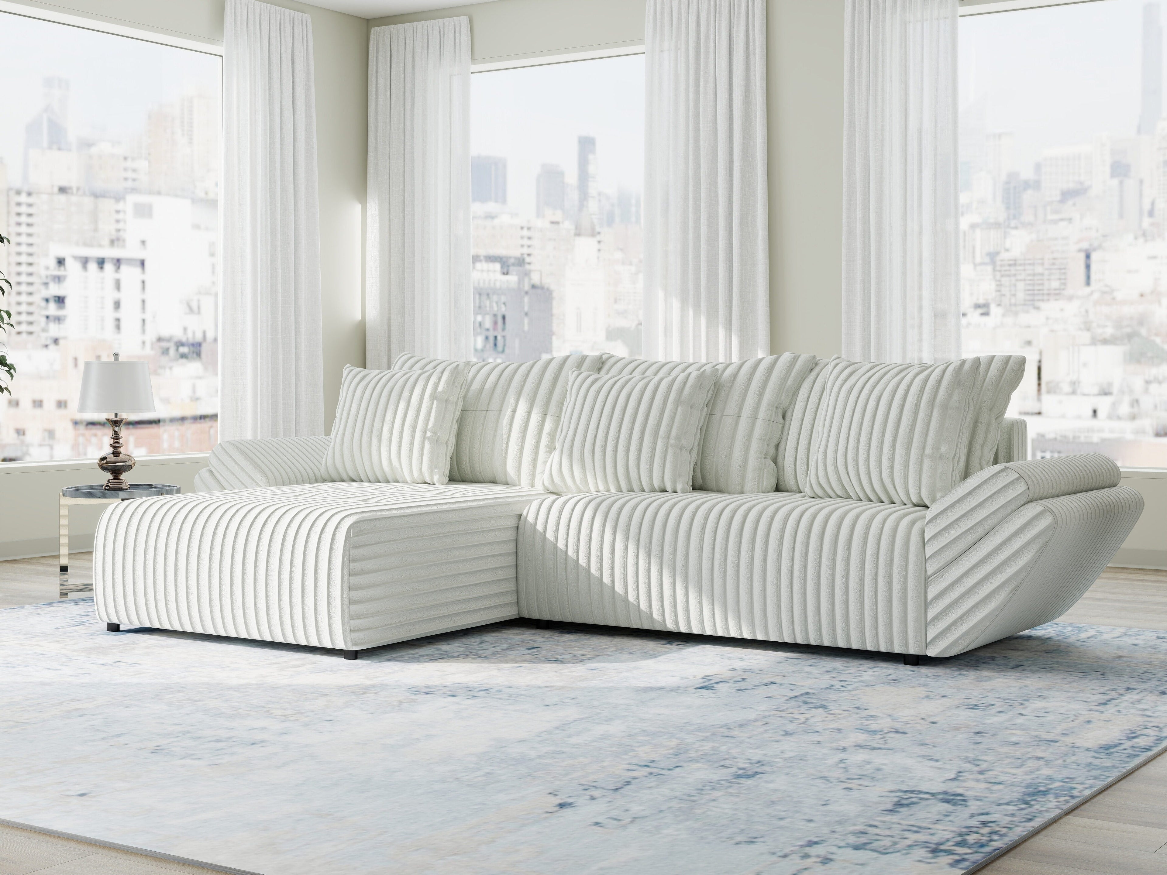 Colțar extensibil dumonde cu ladă de depozitare si sezut confortabil din spuma high-density, Berlin Ambience Alb 280x185 cm