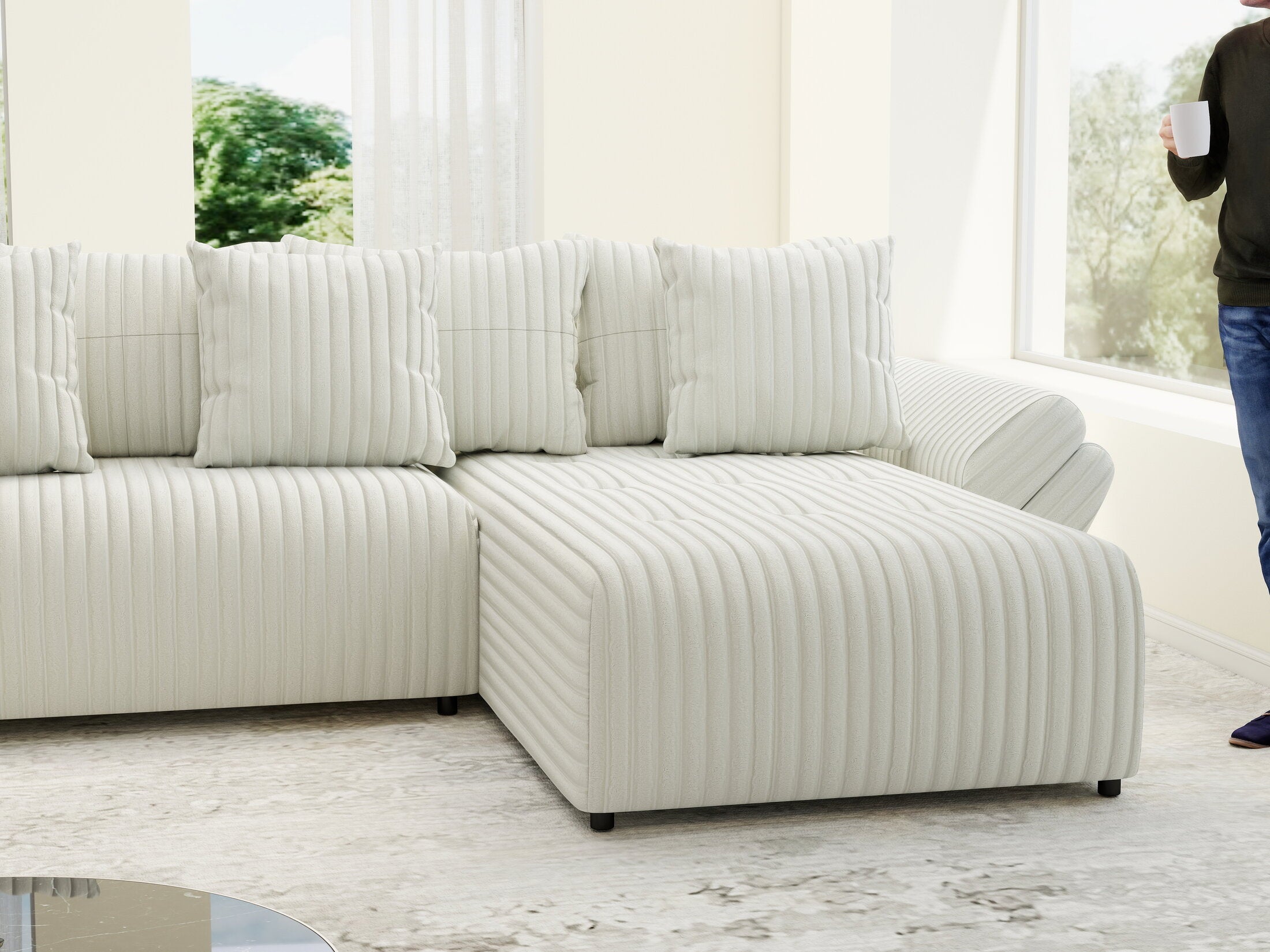 Colțar extensibil dumonde cu ladă de depozitare si sezut confortabil din spuma high-density, Berlin U Ambience Ivory 380x180 cm