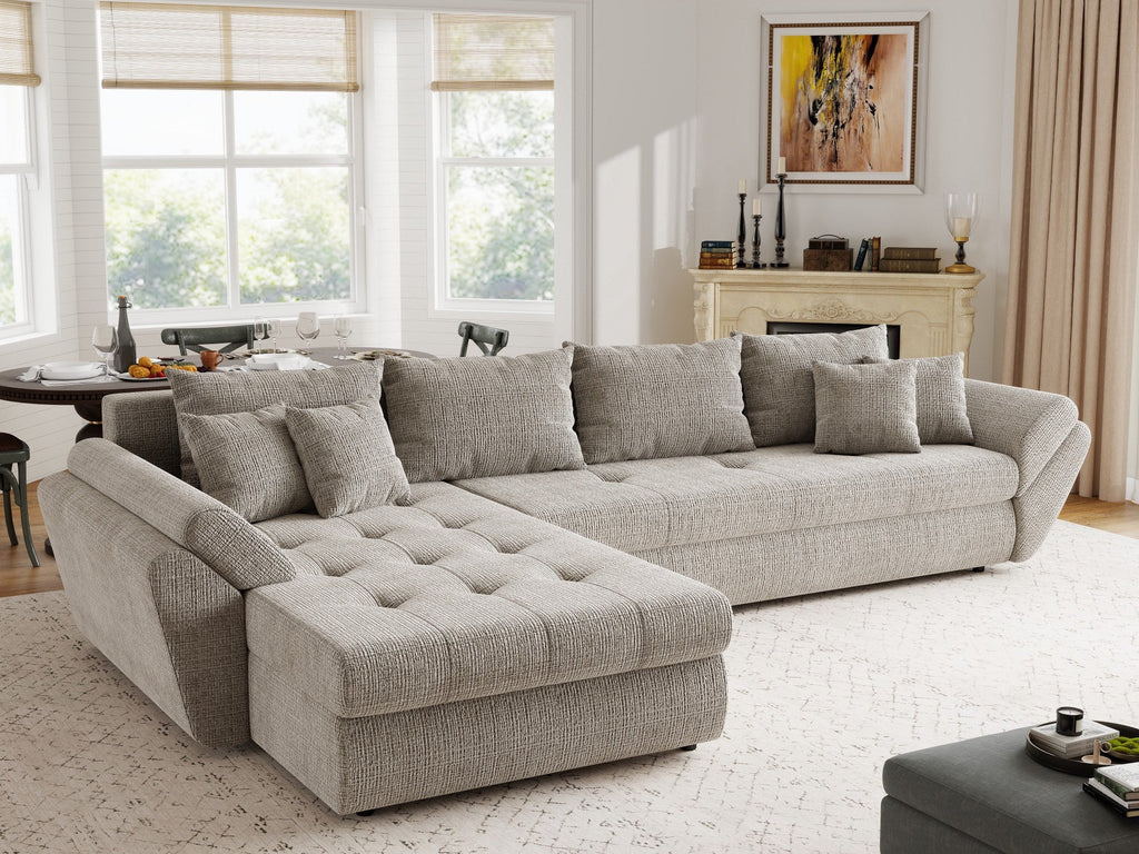 Colțar extensibil dumonde cu ladă de depozitare si sezut confortabil din spuma high-density, Loana XL Cremona Bej 14 335x185 cm