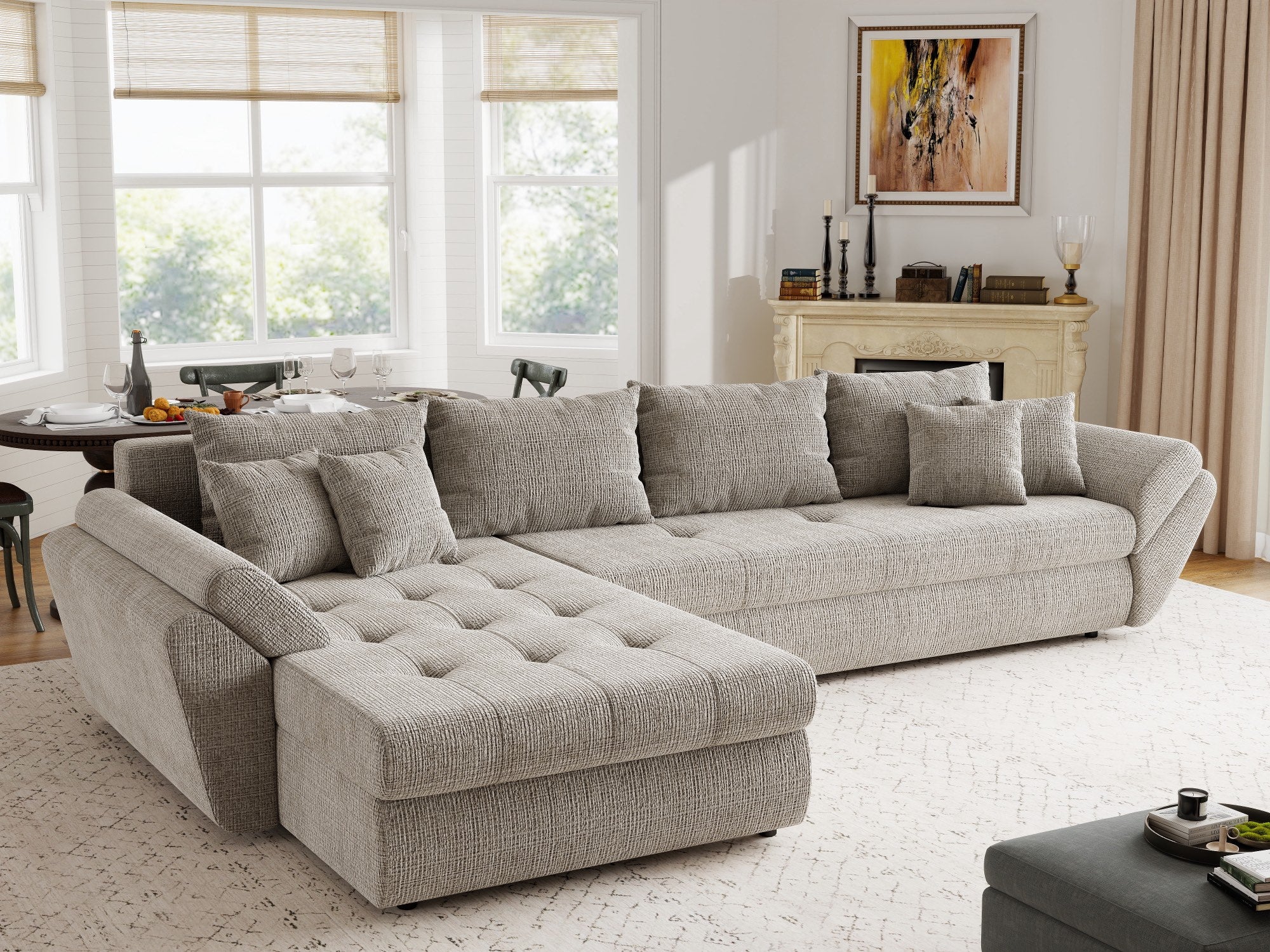 Colțar extensibil dumonde cu ladă de depozitare si sezut confortabil din spuma high-density, Loana XL Cremona Bej 14 335x185 cm