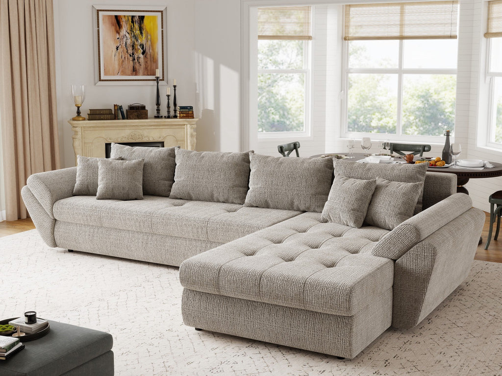 Colțar extensibil dumonde cu ladă de depozitare si sezut confortabil din spuma high-density, Loana XL Cremona Bej 14 II 335x185 cm