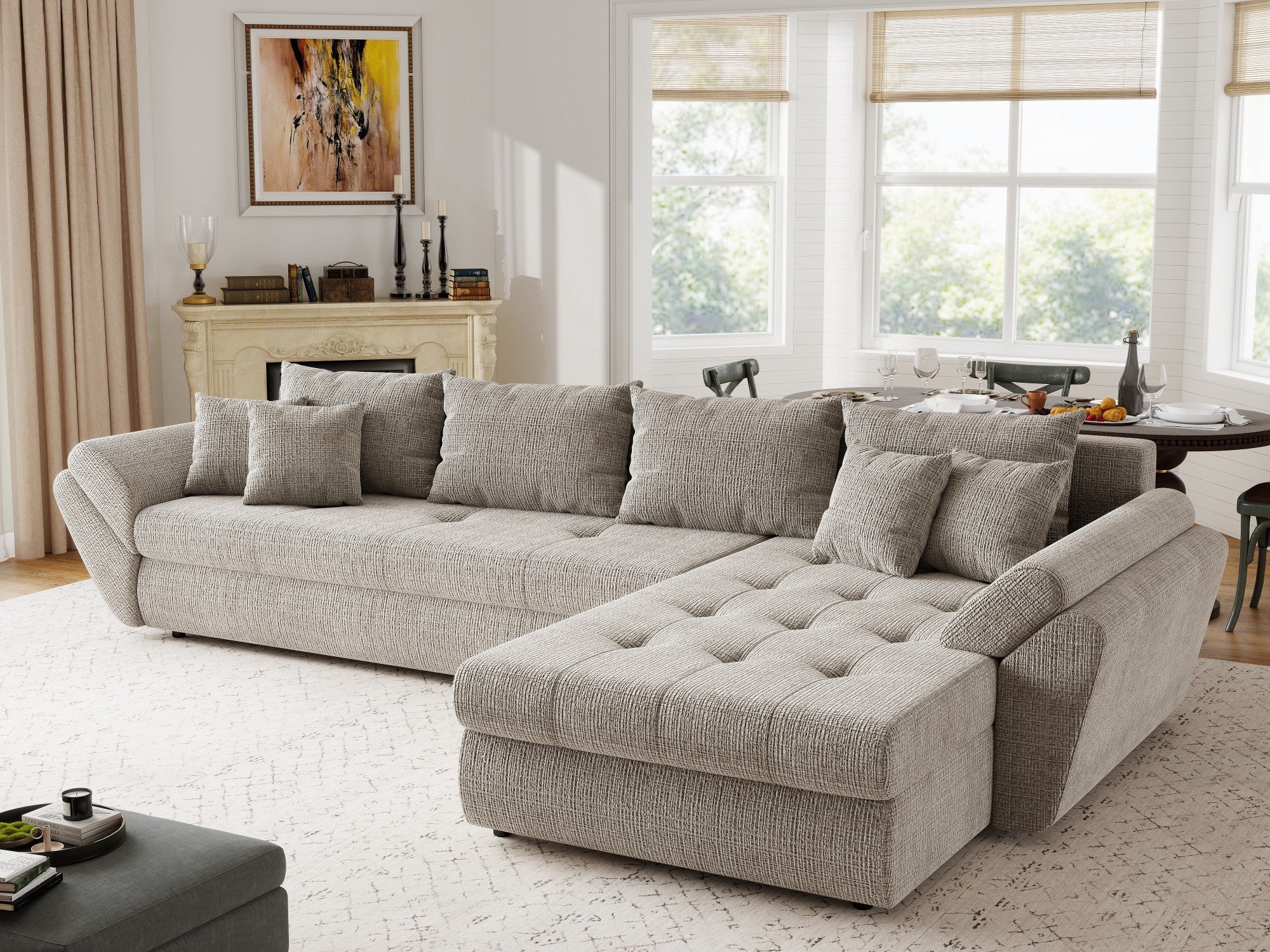 Colțar extensibil dumonde cu ladă de depozitare si sezut confortabil din spuma high-density, Loana XL Cremona Bej 14 II 335x185 cm