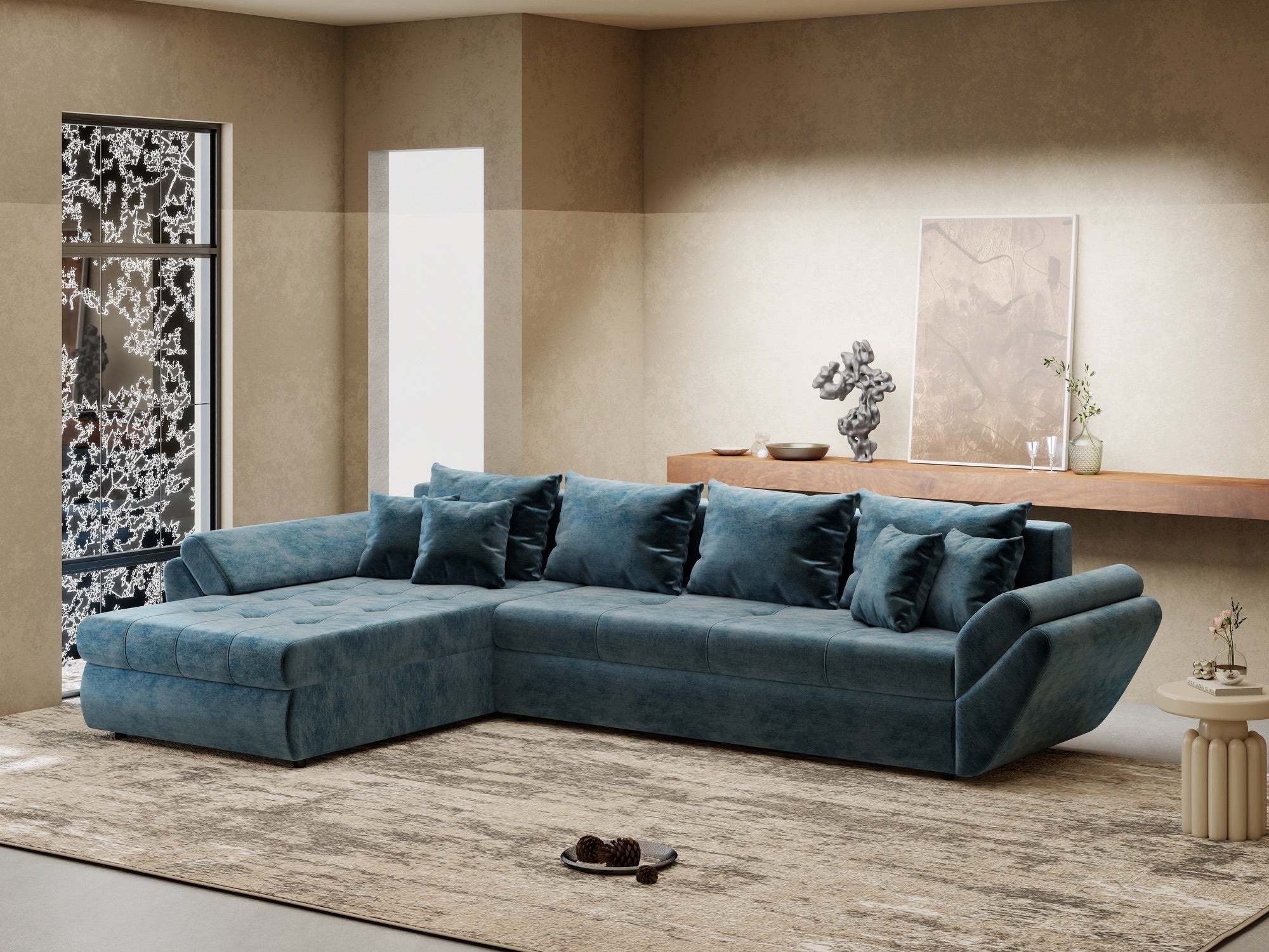 Colțar extensibil dumonde cu ladă de depozitare si sezut confortabil din spuma high-density, Loana XL Monolith Albastru 335x185 cm