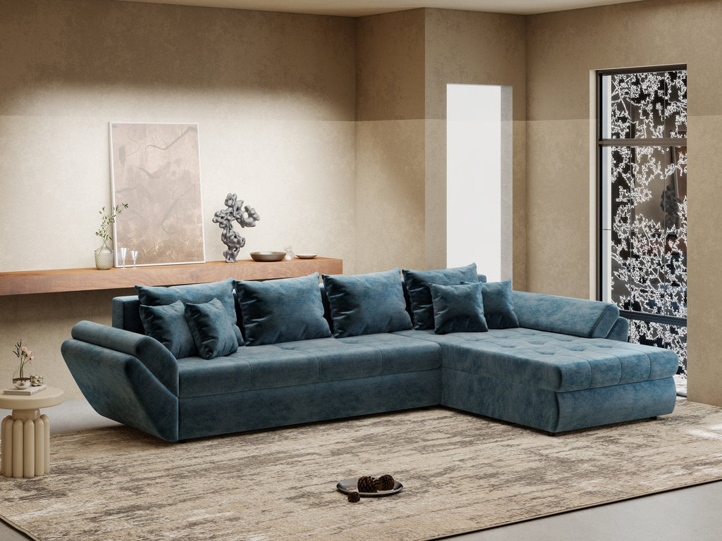 Colțar extensibil dumonde cu ladă de depozitare si sezut confortabil din spuma high-density, Loana XL Monolith Albastru II 335x185 cm