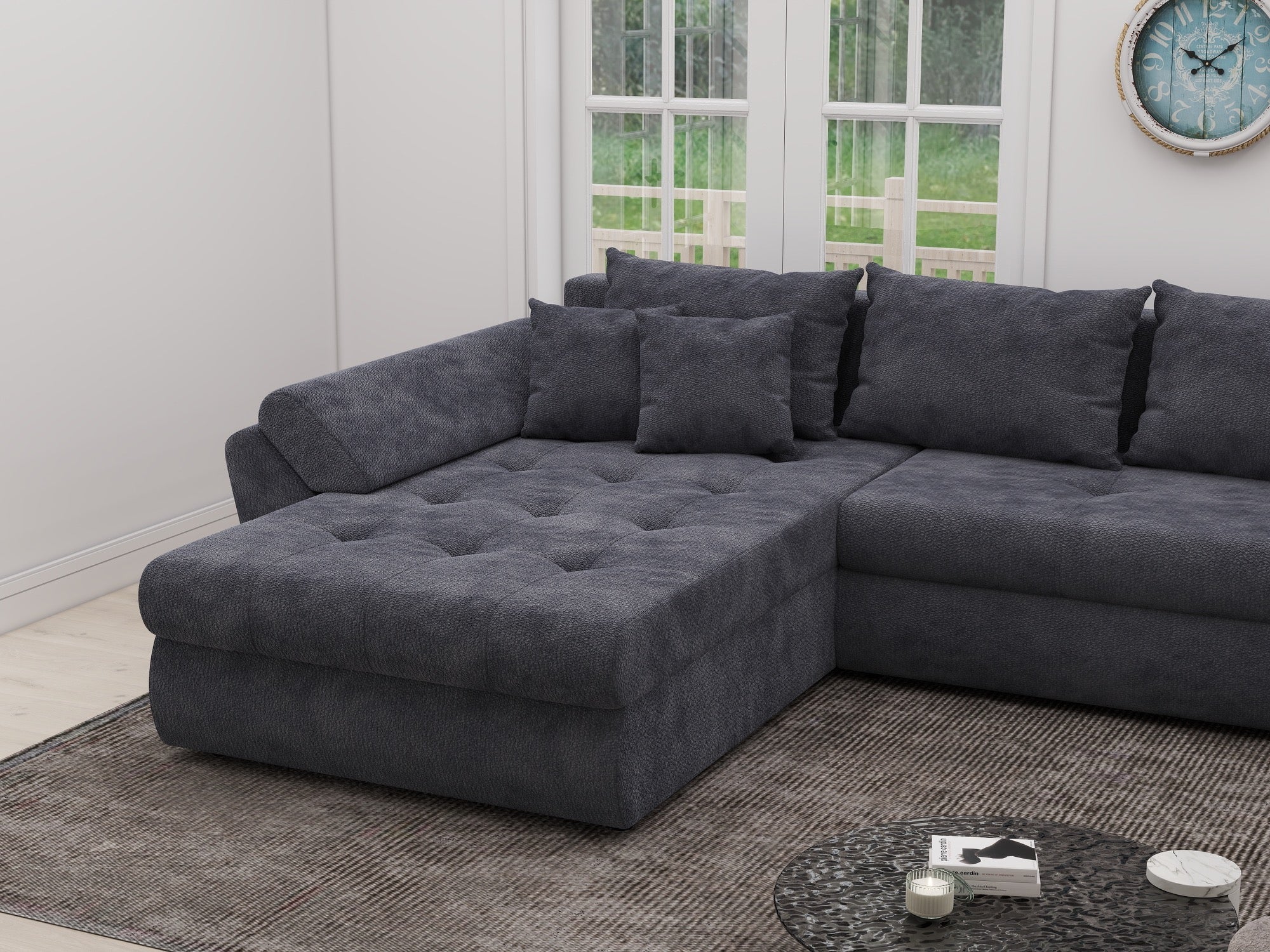 Colțar extensibil dumonde cu ladă de depozitare si sezut confortabil din spuma high-density, Loana XL Vibe Gri Antracit 335x185 cm