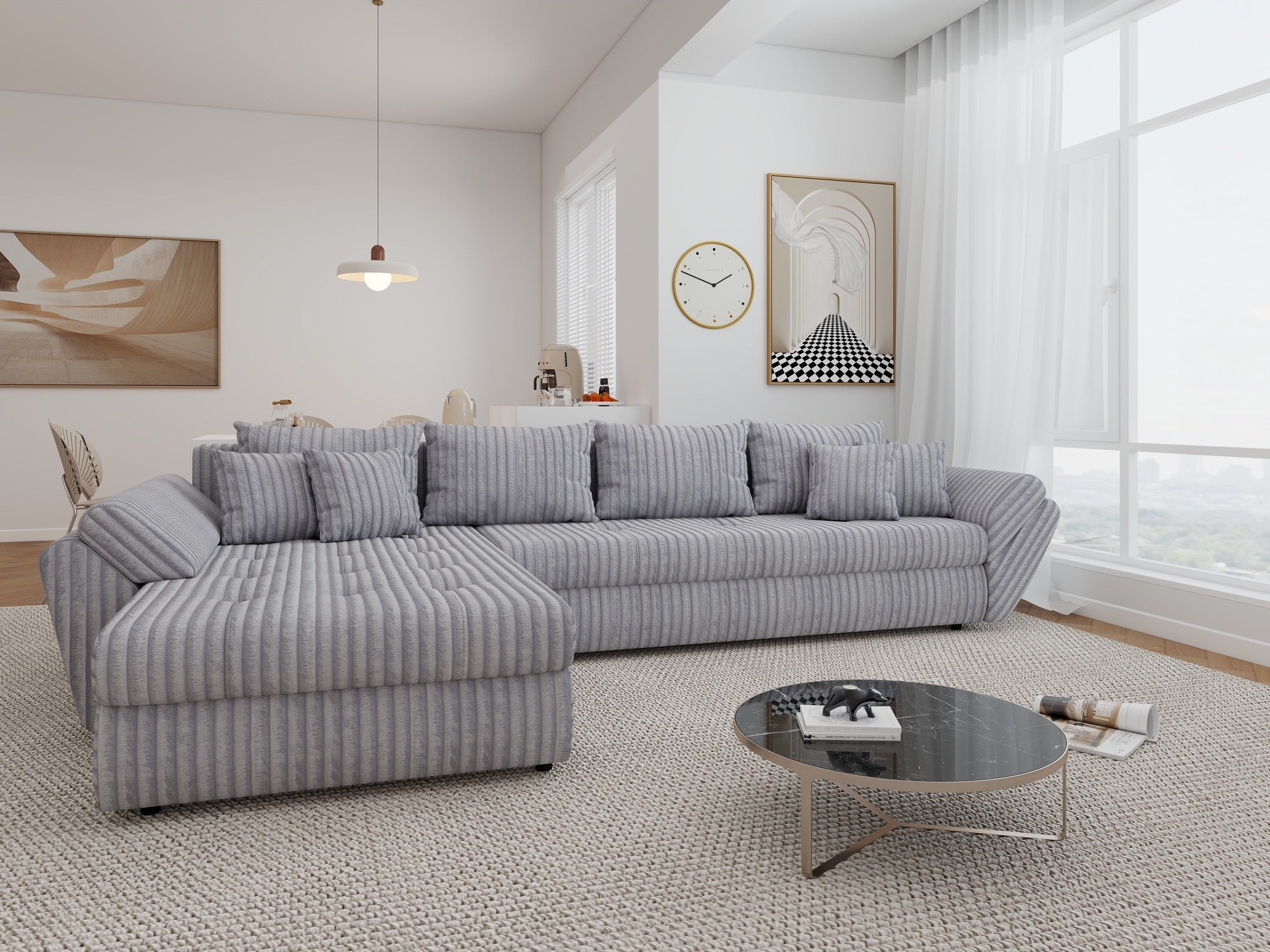 Colțar extensibil dumonde cu ladă de depozitare si sezut confortabil din spuma high-density, Loana XL Tilia Gri 86 335x185 cm