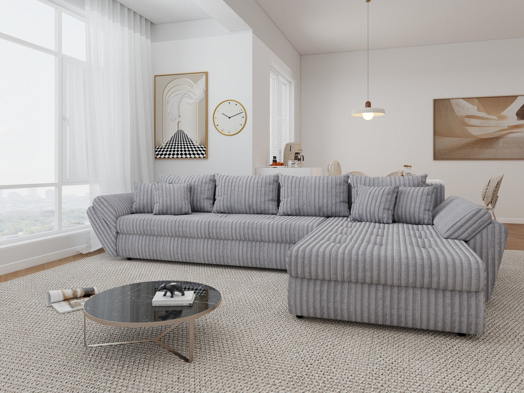 Colțar extensibil dumonde cu ladă de depozitare si sezut confortabil din spuma high-density, Loana XL Tilia Gri 86 II 335x185 cm