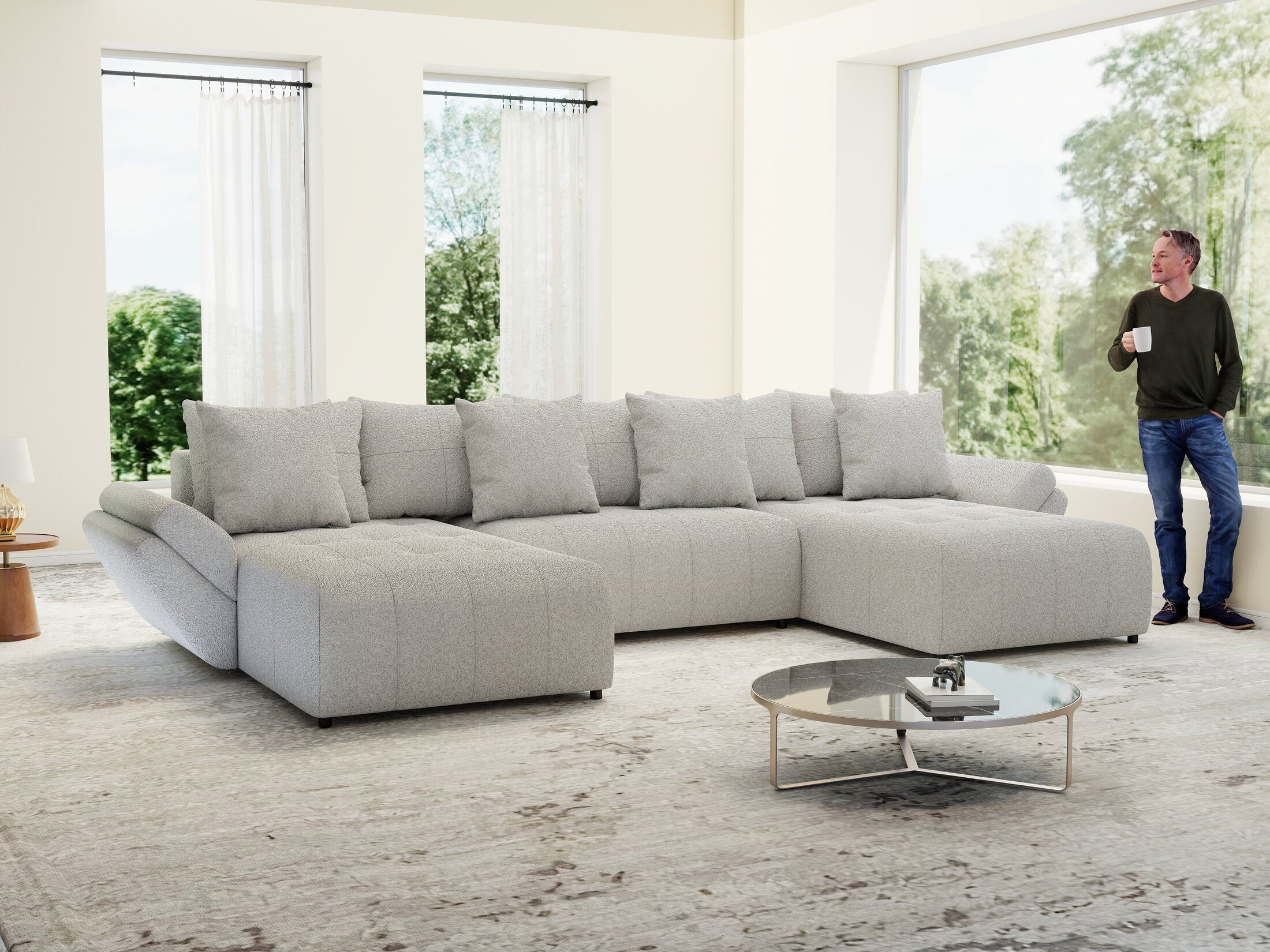 Colțar extensibil dumonde cu ladă de depozitare si sezut confortabil din spuma high-density, Berlin U Euphoria Dove 380x180 cm