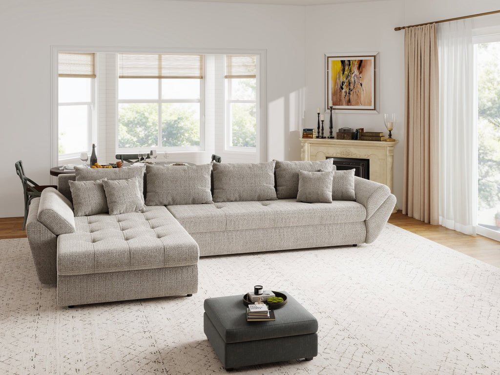 Colțar extensibil dumonde cu ladă de depozitare si sezut confortabil din spuma high-density, Loana XL Cremona Bej 14 335x185 cm