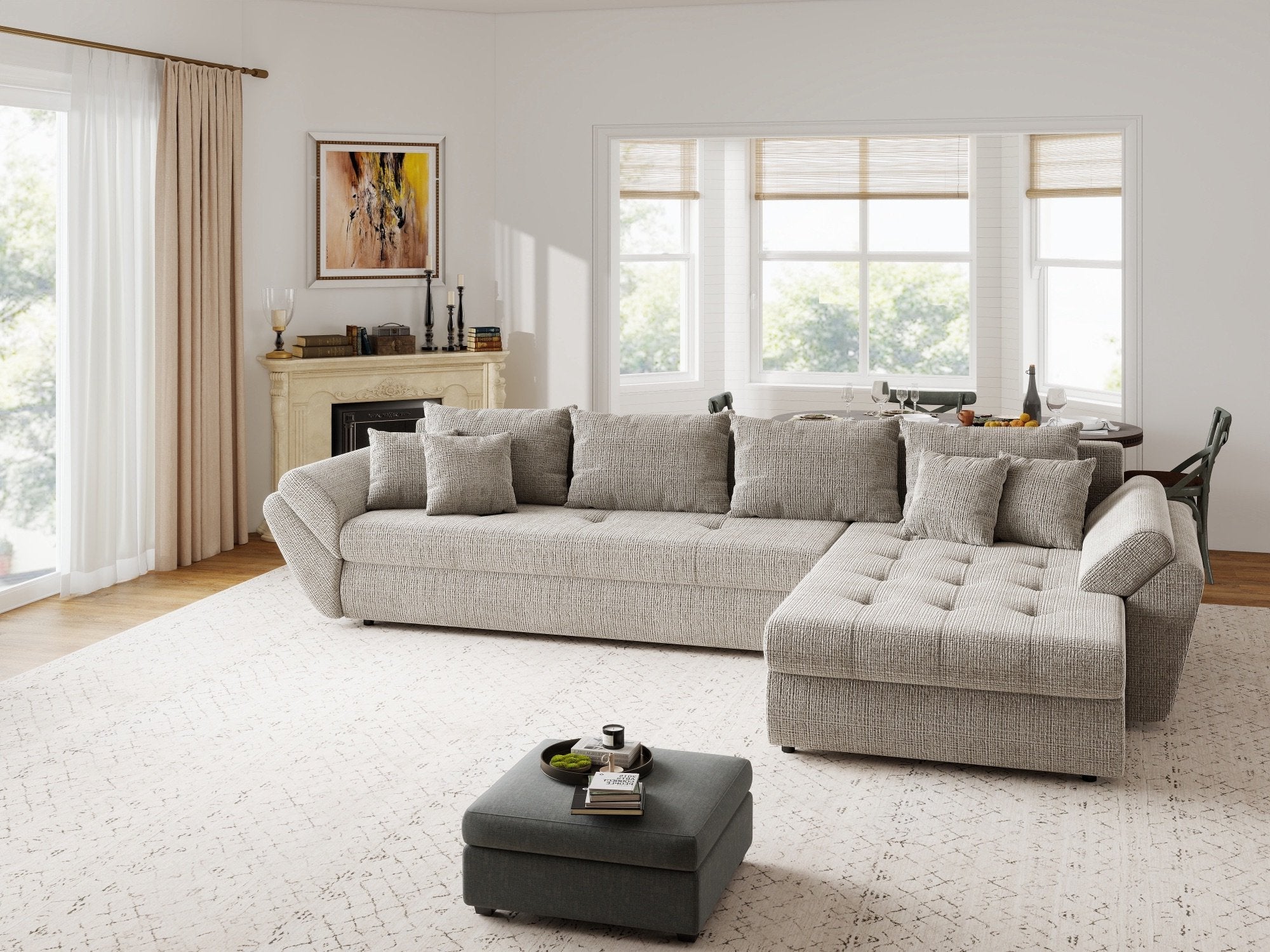Colțar extensibil dumonde cu ladă de depozitare si sezut confortabil din spuma high-density, Loana XL Cremona Bej 14 II 335x185 cm