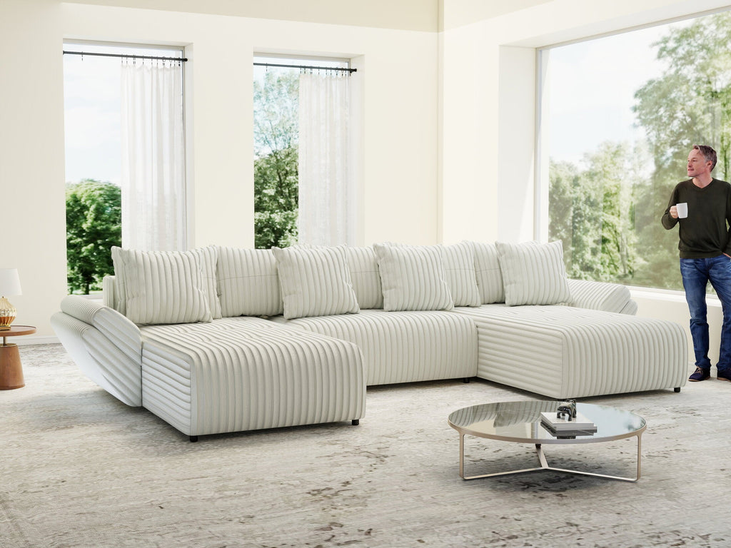 Colțar extensibil dumonde cu ladă de depozitare si sezut confortabil din spuma high-density, Berlin U Ambience Ivory 380x180 cm