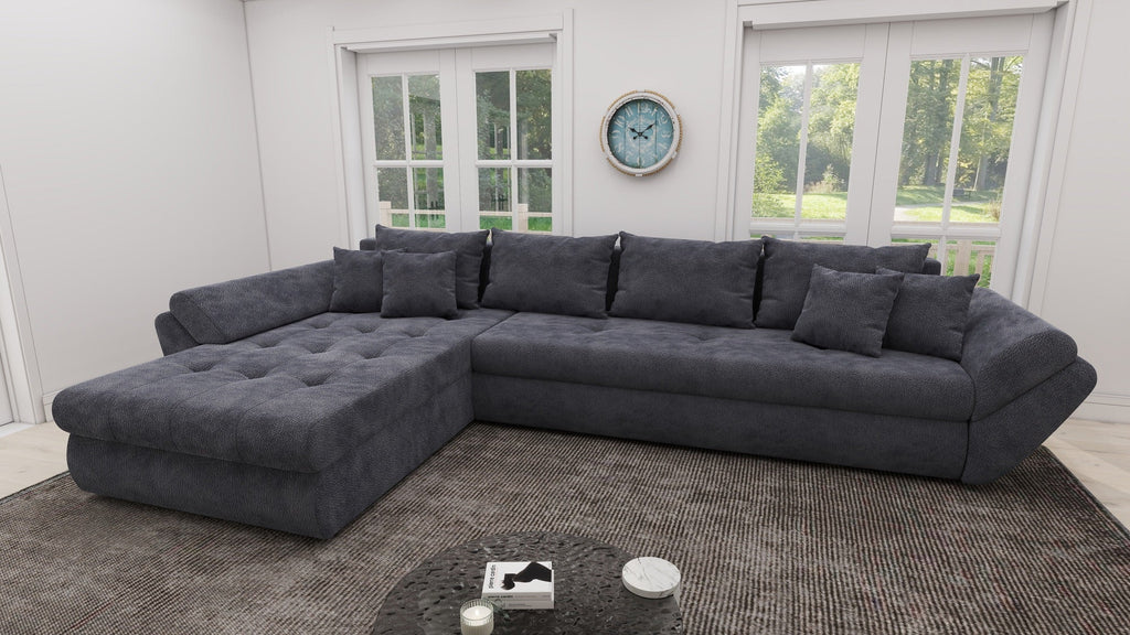 Colțar extensibil dumonde cu ladă de depozitare si sezut confortabil din spuma high-density, Loana XL Vibe Gri Antracit 335x185 cm
