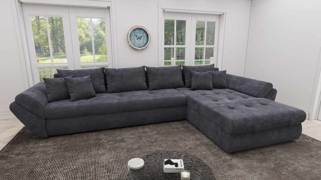 Colțar extensibil dumonde cu ladă de depozitare si sezut confortabil din spuma high-density, Loana XL Vibe Gri Antracit II 335x185 cm