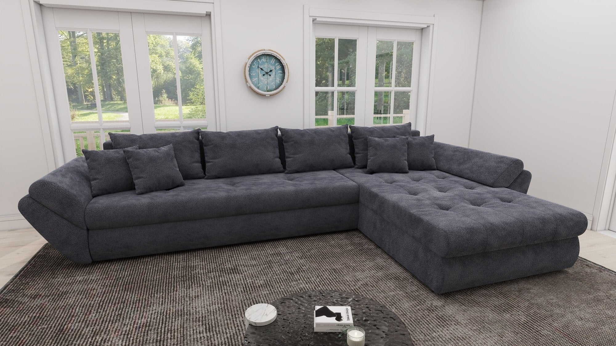 Colțar extensibil dumonde cu ladă de depozitare si sezut confortabil din spuma high-density, Loana XL Vibe Gri Antracit II 335x185 cm