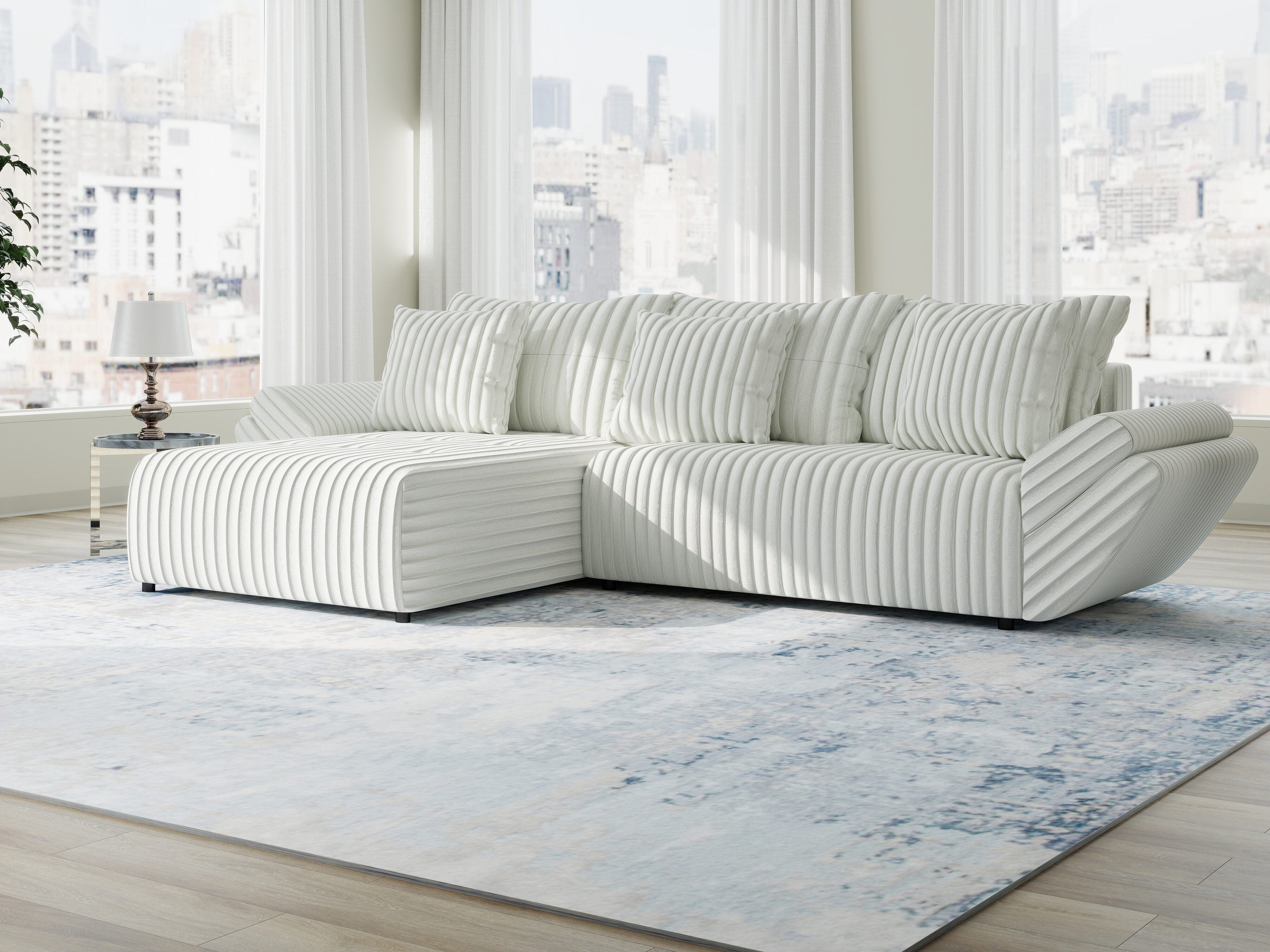 Colțar extensibil dumonde cu ladă de depozitare si sezut confortabil din spuma high-density, Berlin Ambience Alb 280x185 cm