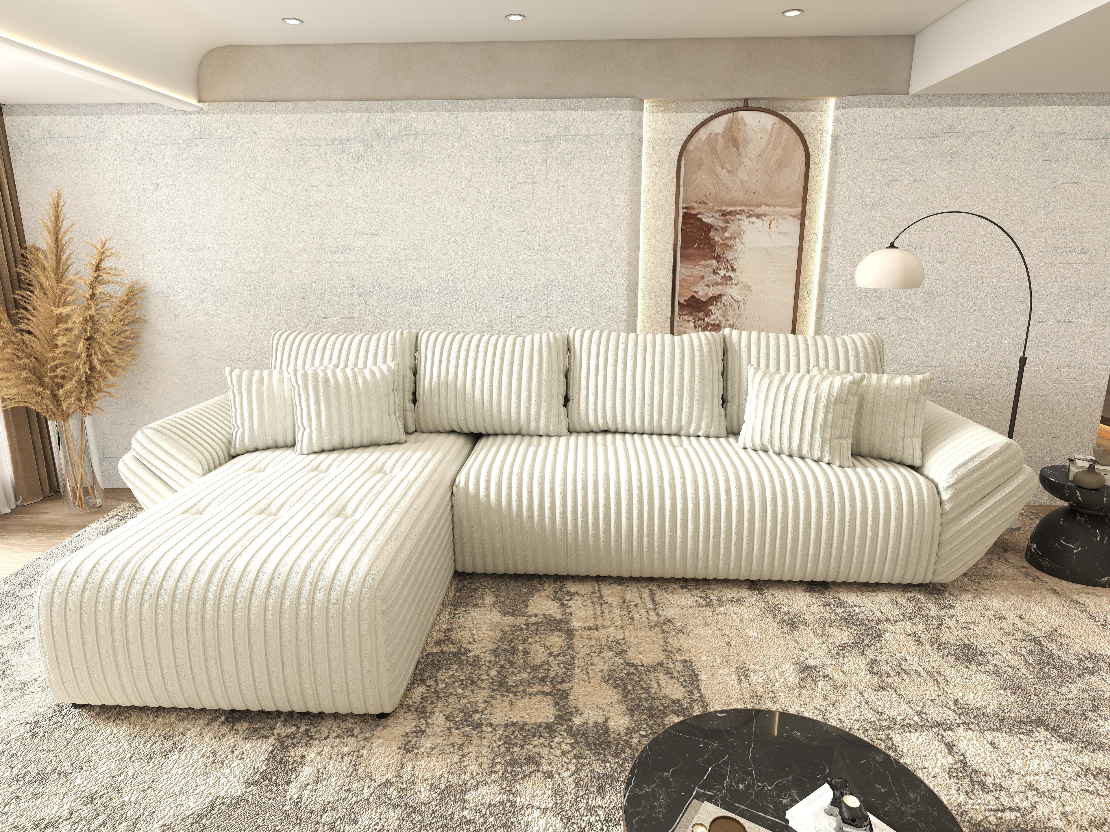 Colțar extensibil dumonde cu ladă de depozitare si sezut confortabil din spuma high-density, Berlin XL Ambience Ivory 350x185 cm