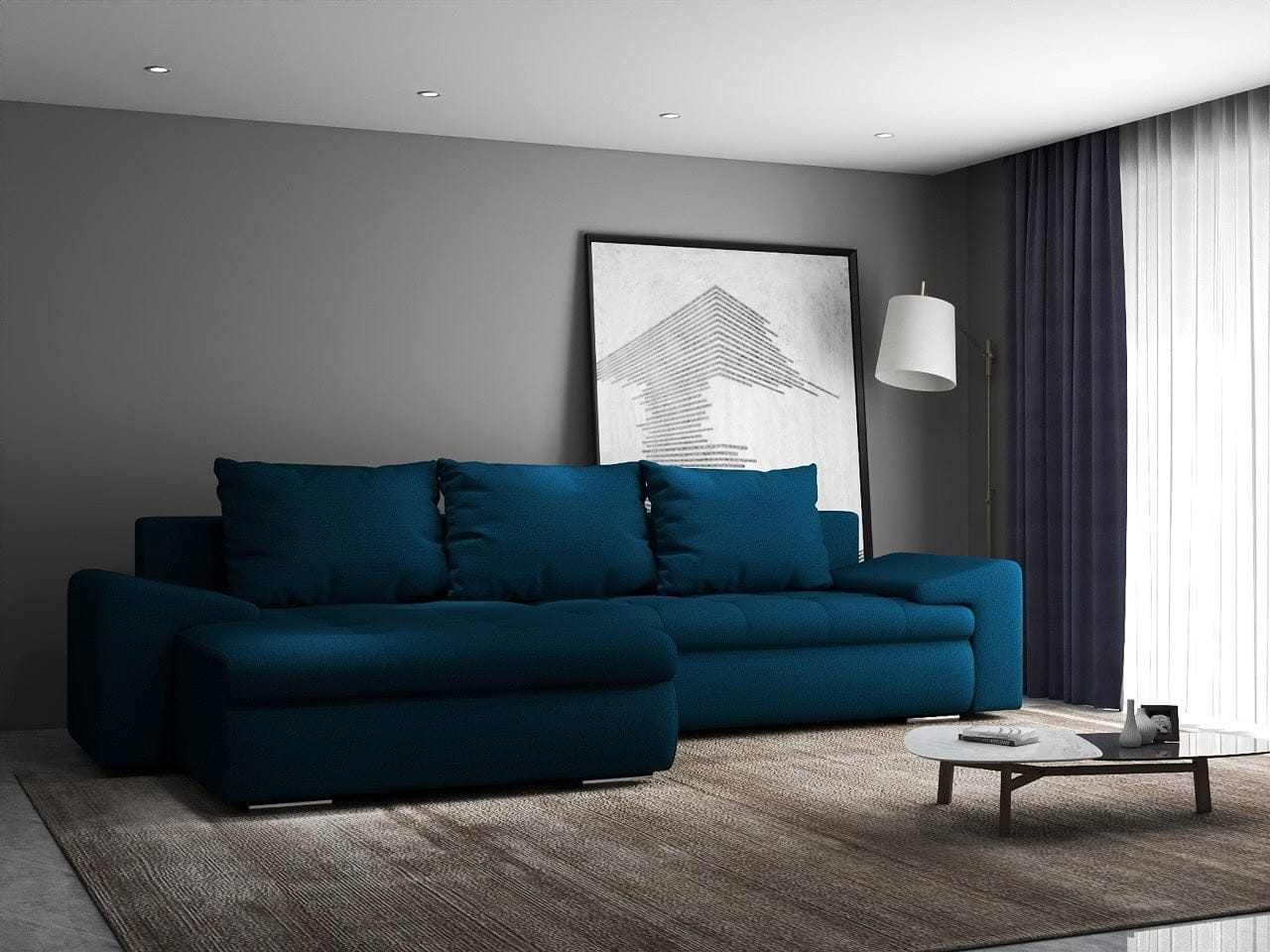 Colțar extensibil dumonde cu ladă de depozitare si sezut confortabil din spuma high-density, Leonardo Enjoy Petrol 260x185 cm