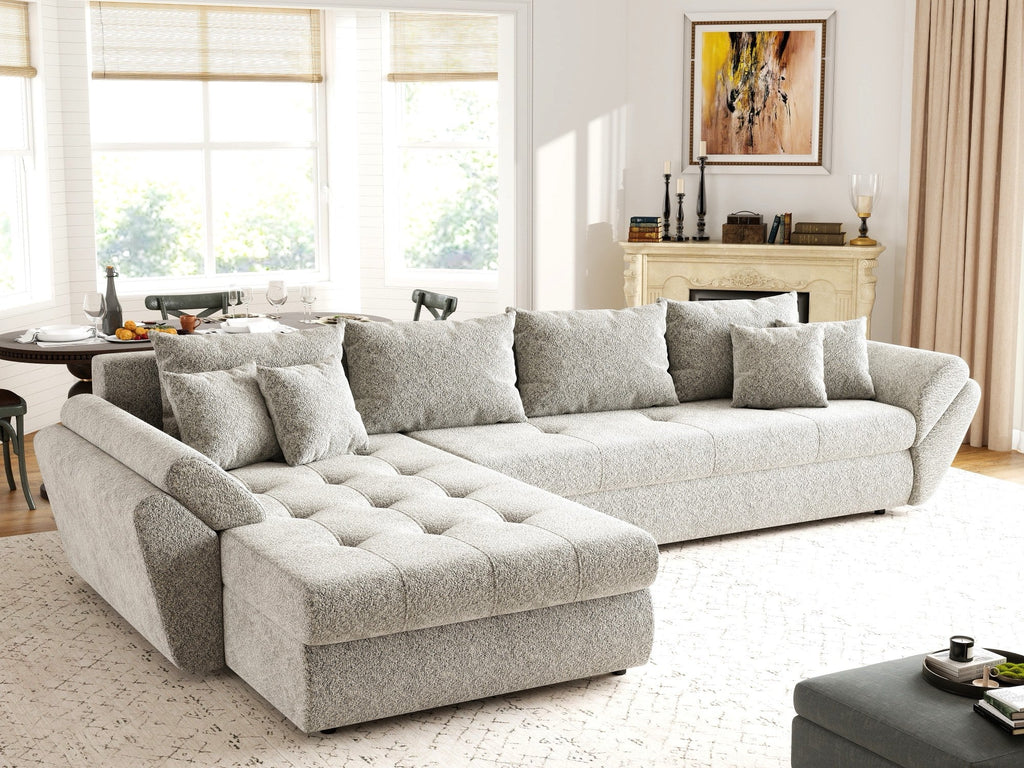 Colțar extensibil dumonde cu ladă de depozitare si sezut confortabil din spuma high-density, Loana XL Arena Bej 02 335x185 cm