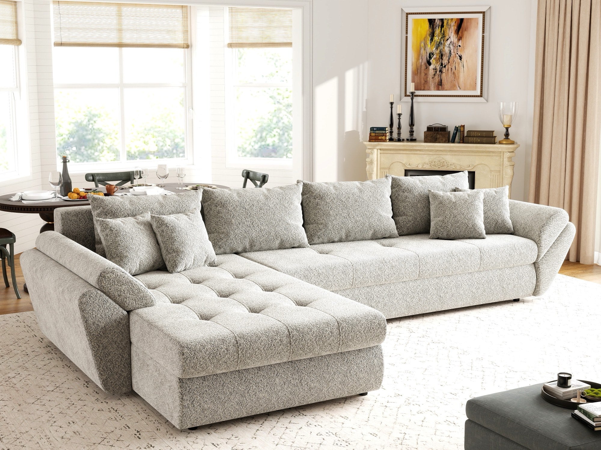 Colțar extensibil dumonde cu ladă de depozitare si sezut confortabil din spuma high-density, Loana XL Arena Bej 02 335x185 cm