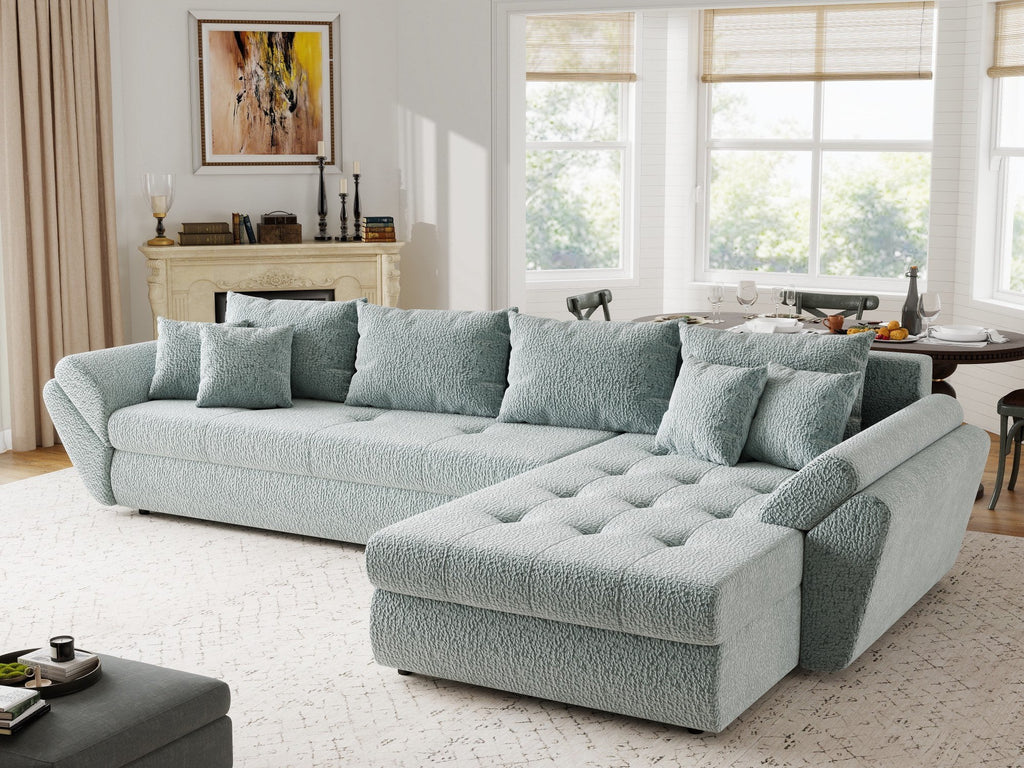Colțar extensibil dumonde cu ladă de depozitare si sezut confortabil din spuma high-density, Loana XL Jaguar Verde Mint II 335x185 cm