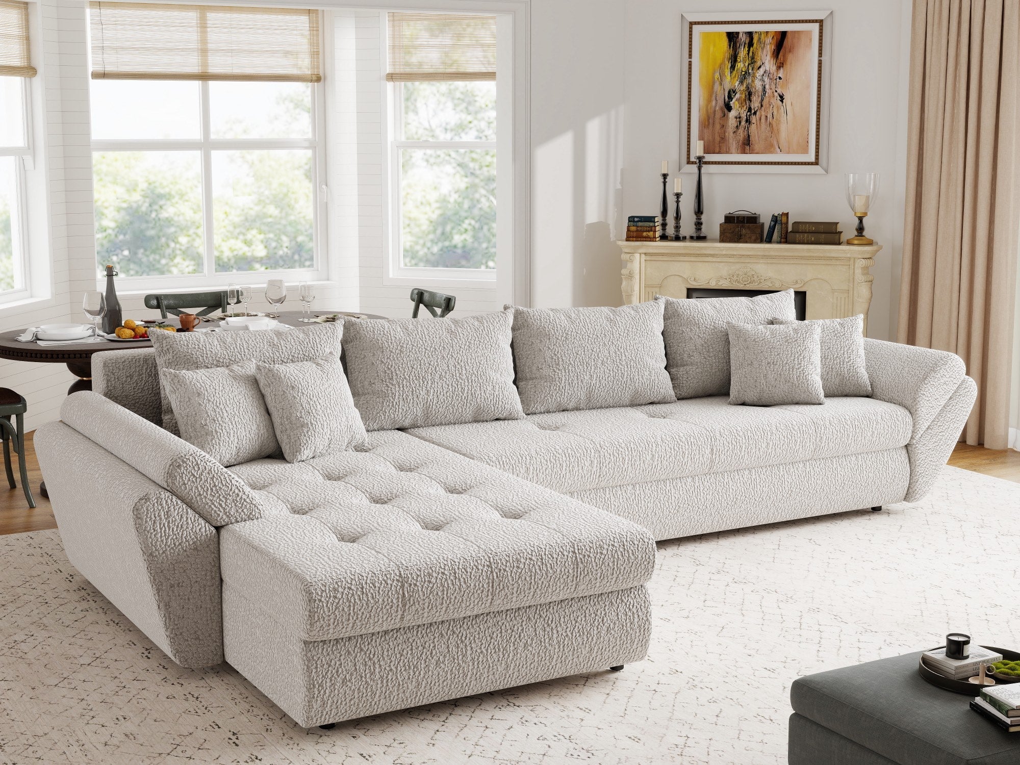 Colțar extensibil dumonde cu ladă de depozitare si sezut confortabil din spuma high-density, Loana XL Jaguar Gri 335x185 cm