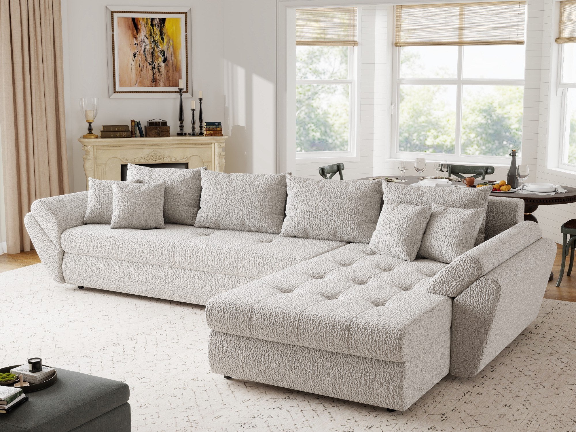 Colțar extensibil dumonde cu ladă de depozitare si sezut confortabil din spuma high-density, Loana XL Jaguar Gri II 335x185 cm