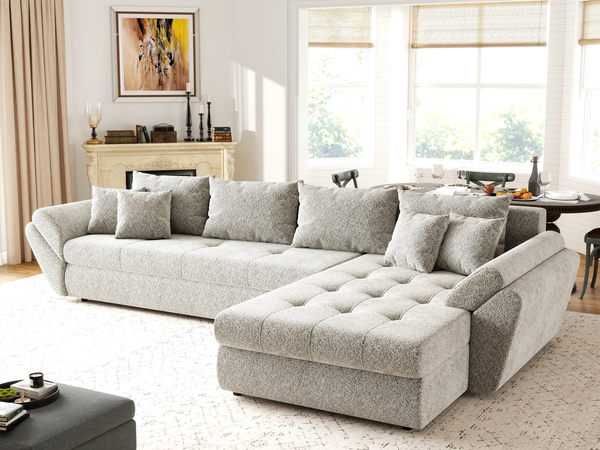 Colțar extensibil dumonde cu ladă de depozitare si sezut confortabil din spuma high-density, Loana XL Arena Bej 02 II 335x185 cm