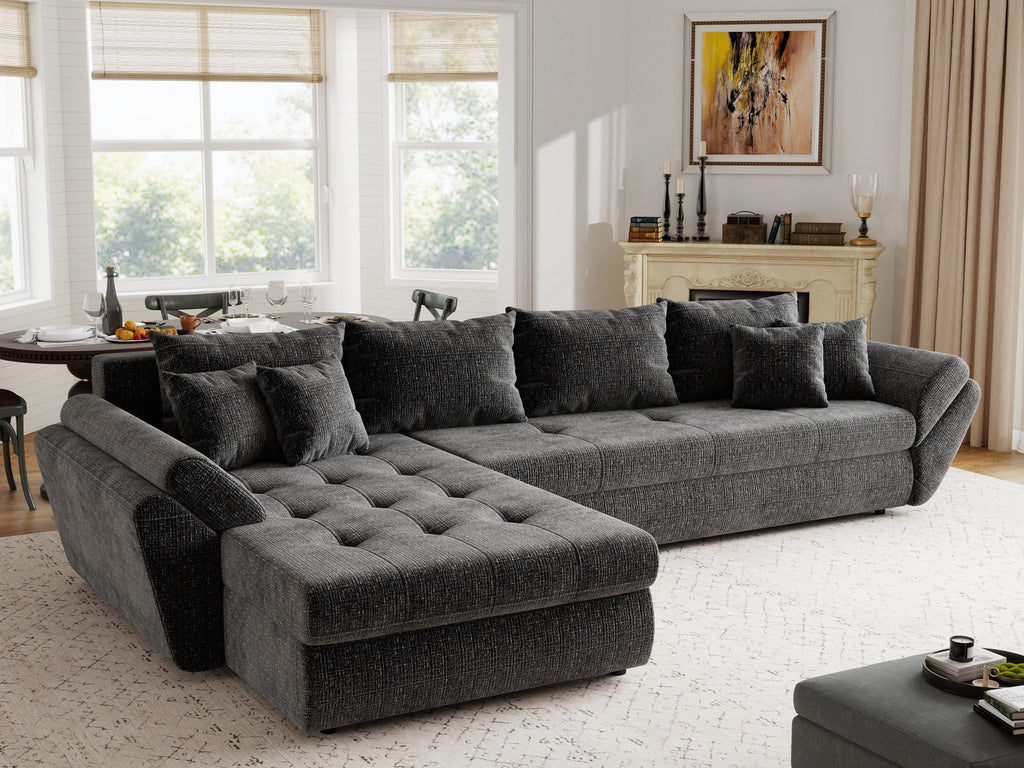Colțar extensibil dumonde cu ladă de depozitare si sezut confortabil din spuma high-density, Loana XL Cremona Gri Antracit 335x185 cm