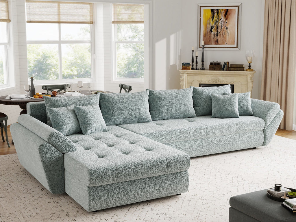Colțar extensibil dumonde cu ladă de depozitare si sezut confortabil din spuma high-density, Loana XL Jaguar Verde Mint 335x185 cm