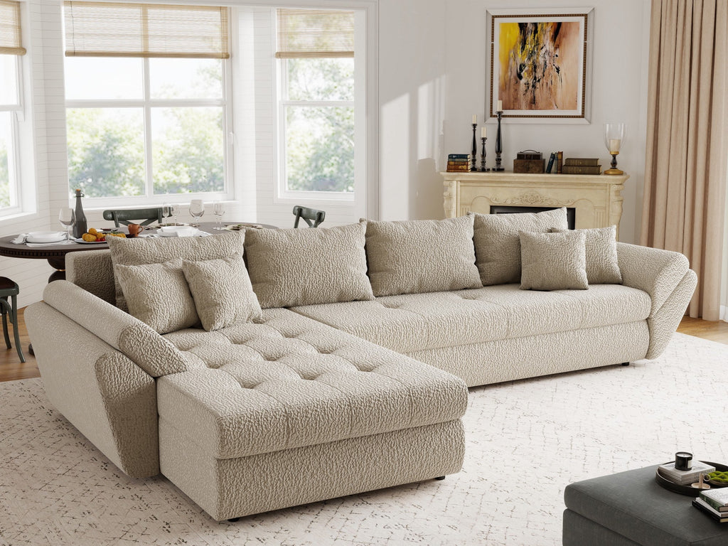 Colțar extensibil dumonde cu ladă de depozitare si sezut confortabil din spuma high-density, Loana XL Jaguar Bej 335x185 cm