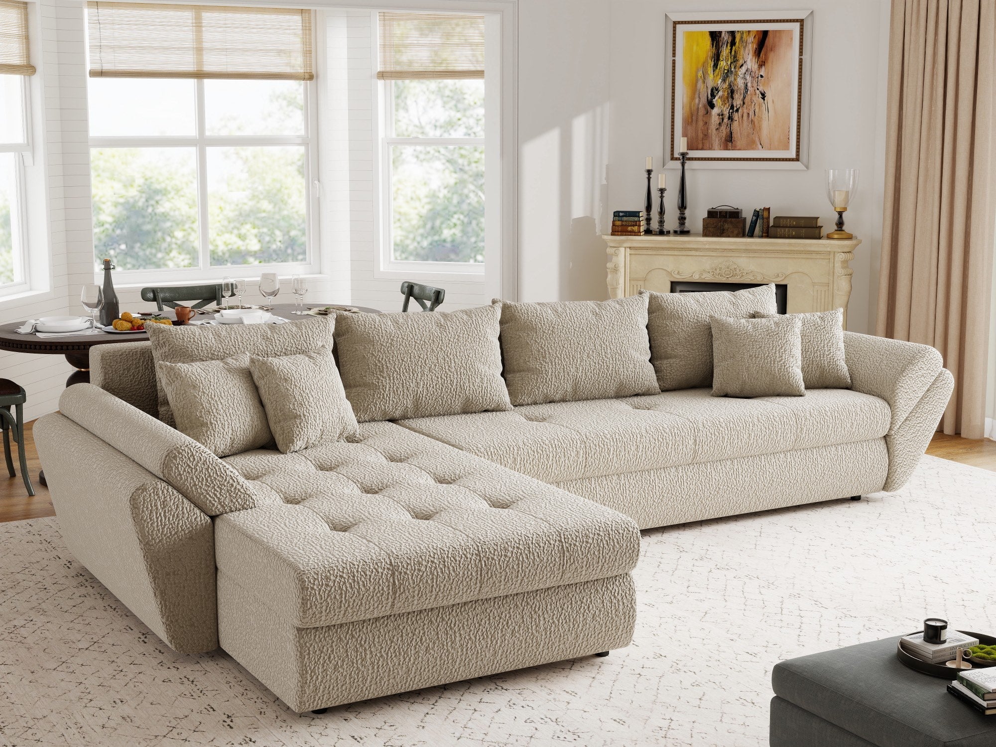 Colțar extensibil dumonde cu ladă de depozitare si sezut confortabil din spuma high-density, Loana XL Jaguar Bej 335x185 cm