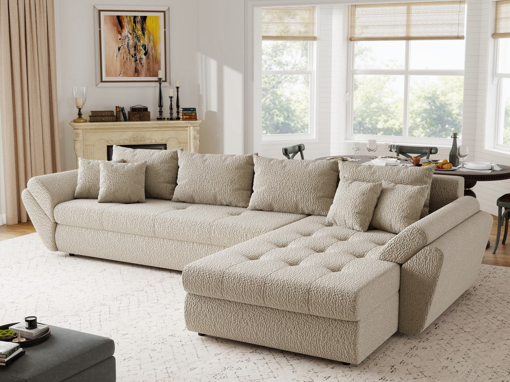 Colțar extensibil dumonde cu ladă de depozitare si sezut confortabil din spuma high-density, Loana XL Jaguar Bej II 335x185 cm