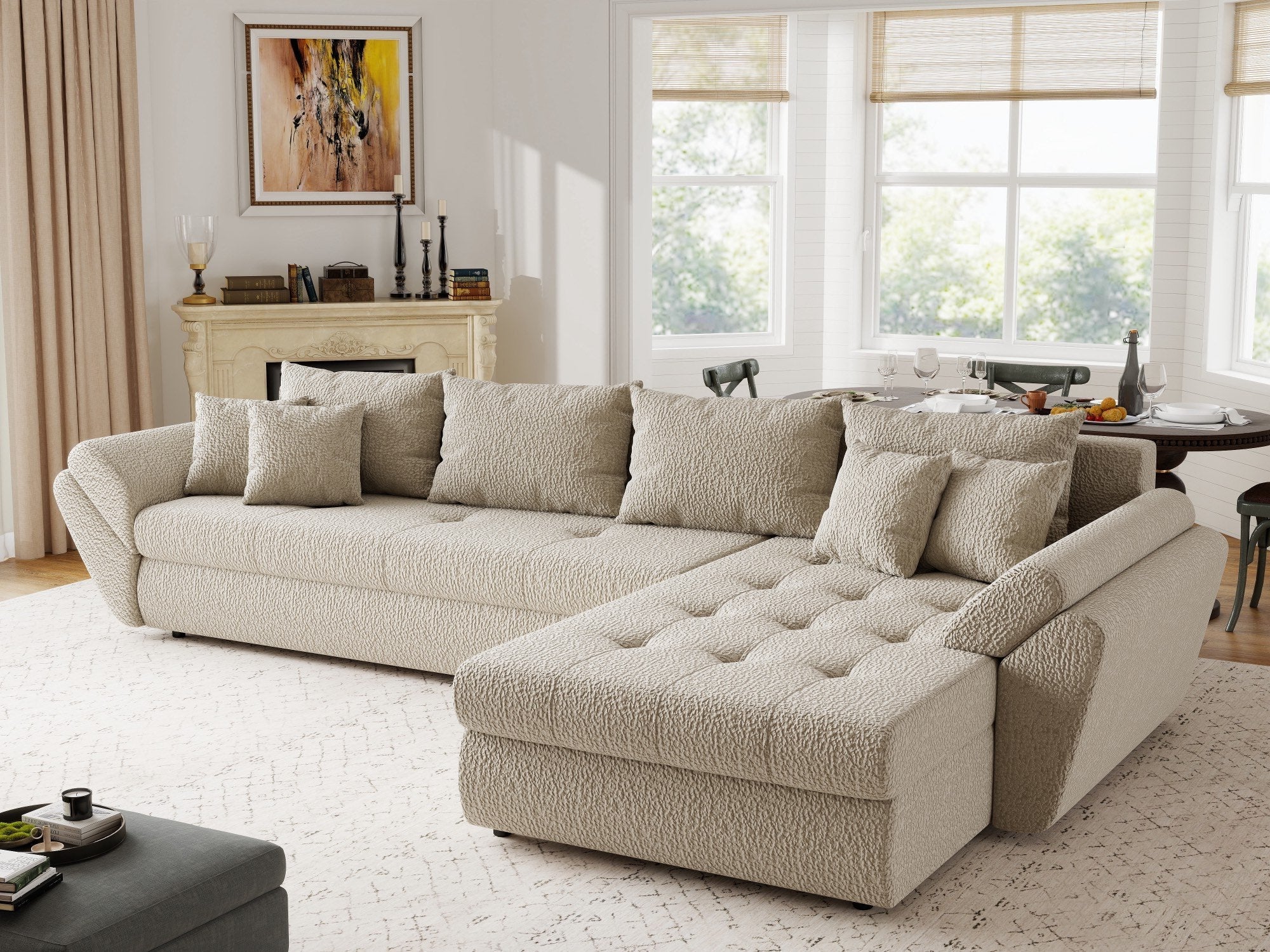Colțar extensibil dumonde cu ladă de depozitare si sezut confortabil din spuma high-density, Loana XL Jaguar Bej II 335x185 cm